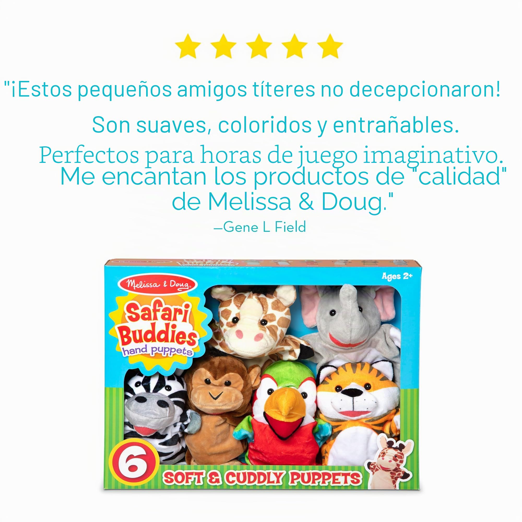 MELISSA & DOUG - Marionetas de Mano Amigos del Safari: 6 Peluches de Mano de Jirafa, Elefante, Zebra, Mono, y Más, 6073171, Juguetes Niños 2 Años, Regalo Niño 2 años +, Juegos Niños 2 Años +
