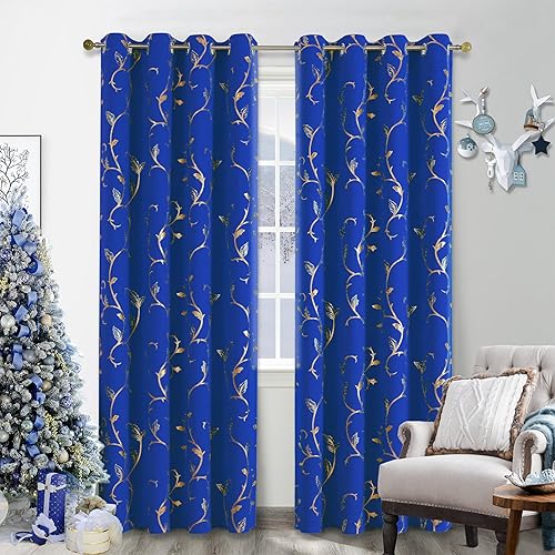 Miniatura 69 de BUHUA Cortinas opacas con estampado de flores, cortinas de ventana con aislamiento térmico, patrón de vid elegante en plata para habitación de bebé,