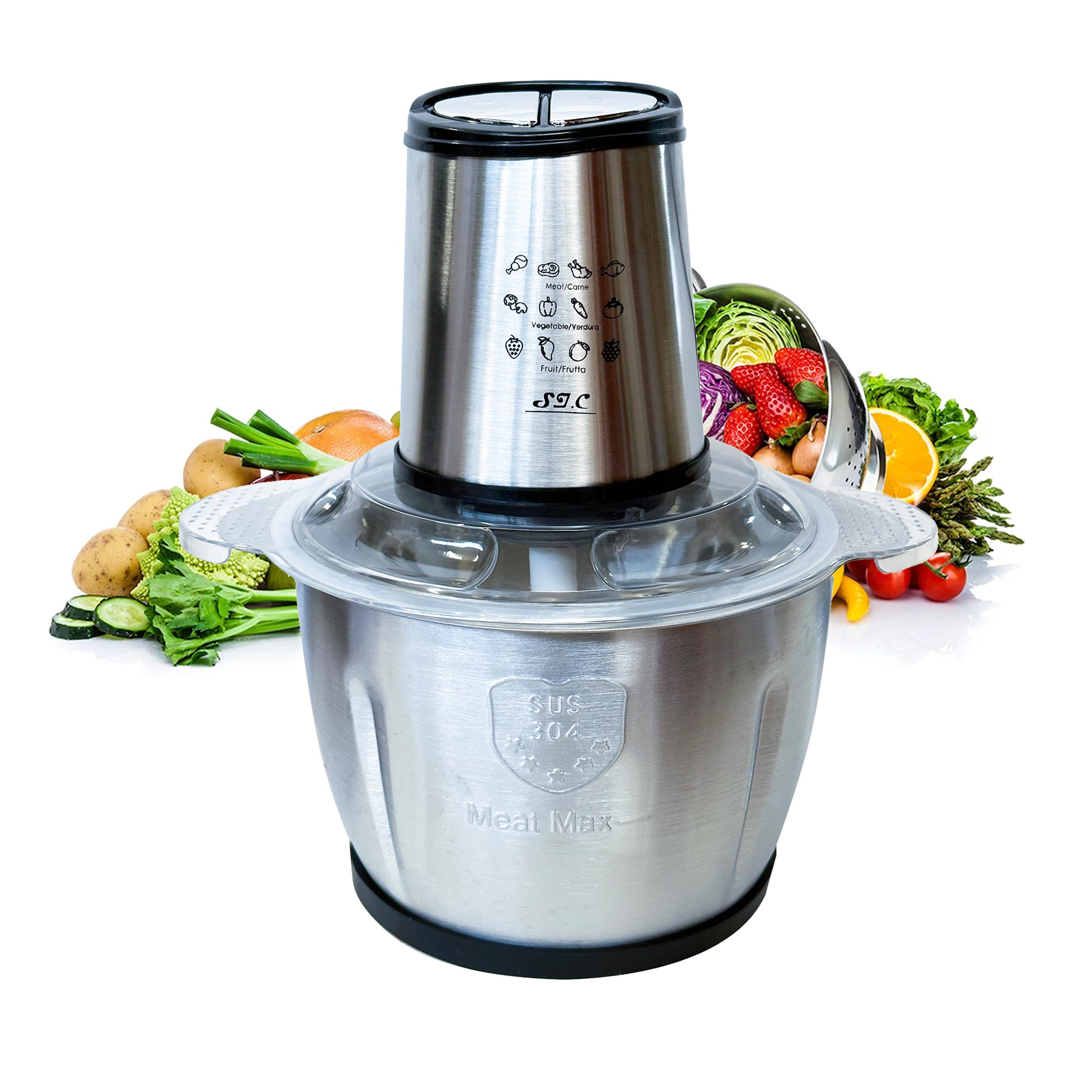 Hachoir de cuisine électrique, en acier inoxydable, mixeur 4 lames en acier inoxydable, mixeur Deux vitesses (2L)