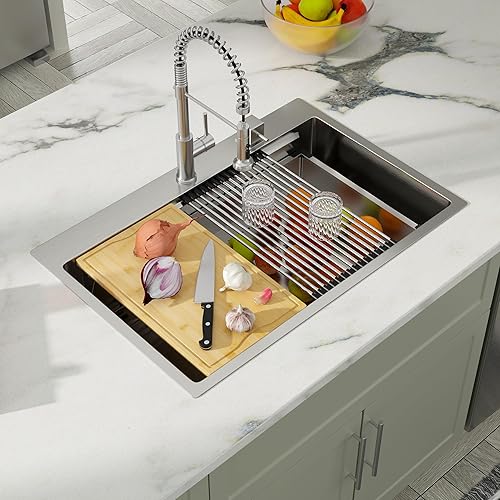 Miniatura 7 de Dcolora Fregadero de cocina de 33 x 22 pulgadas, estación de trabajo de repisa de dos niveles, fregadero de acero inoxidable de calibre 16,