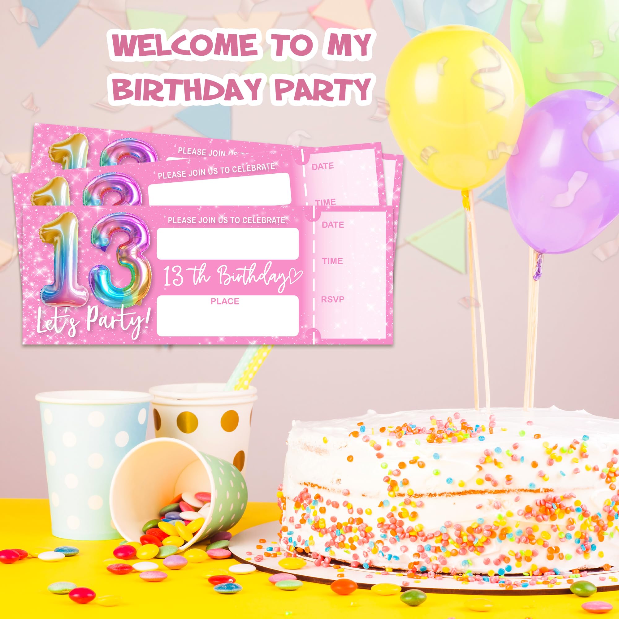 Eronm Invitaciones rosas de cumpleaños número 13, invitaciones de cumpleaños de boletos de 3 x 8 pulgadas, 20 tarjetas de invitación de doble cara con sobres, recuerdos de fiesta y suministros, globo