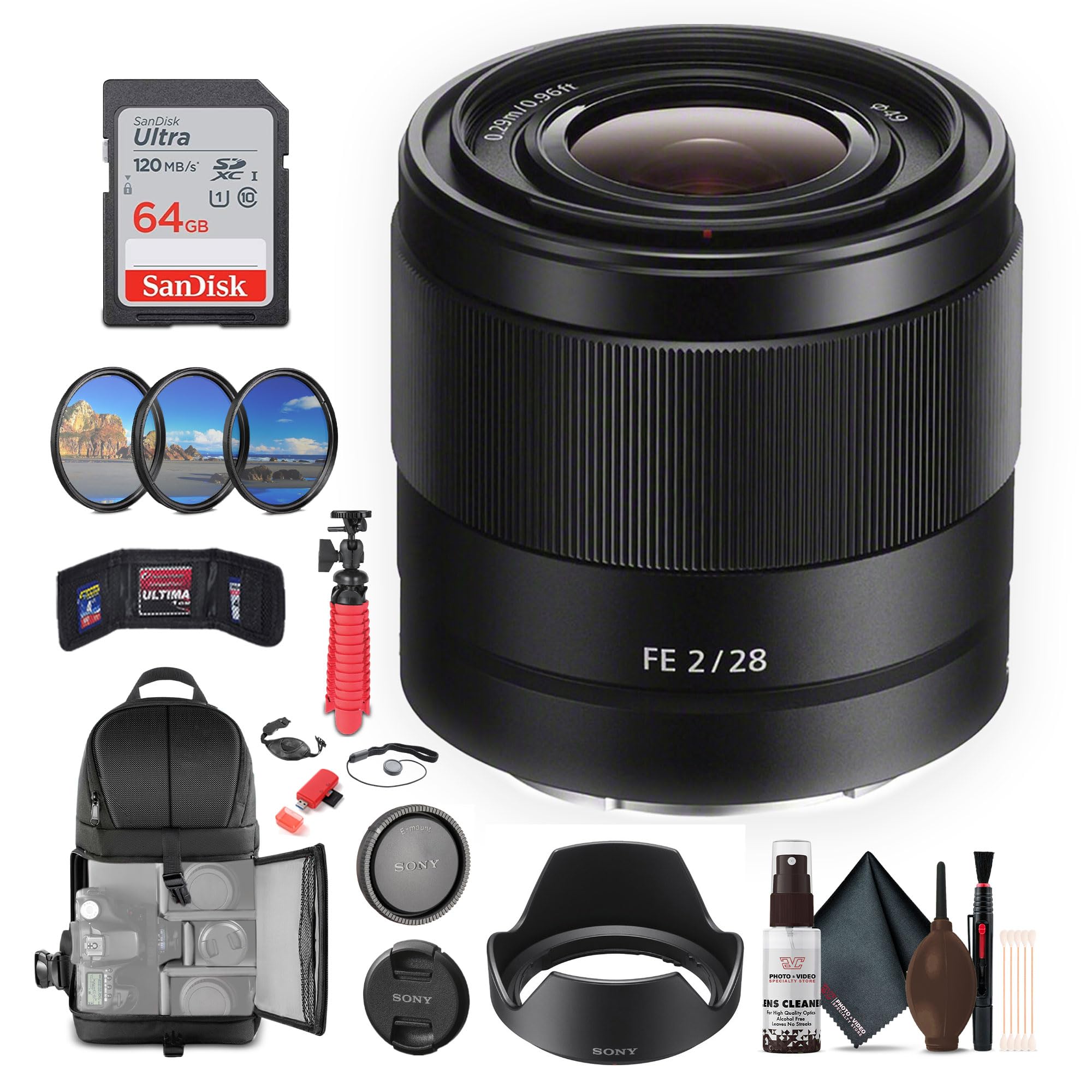 Sony FE 28mm f/2 Lens + 64GB Memory Card + Filter Kit + Backpack + Flexible Tripod + Cap Keeper + Cleaning Kit + Card Wallet + Card Reader + Hand Grip Strap
