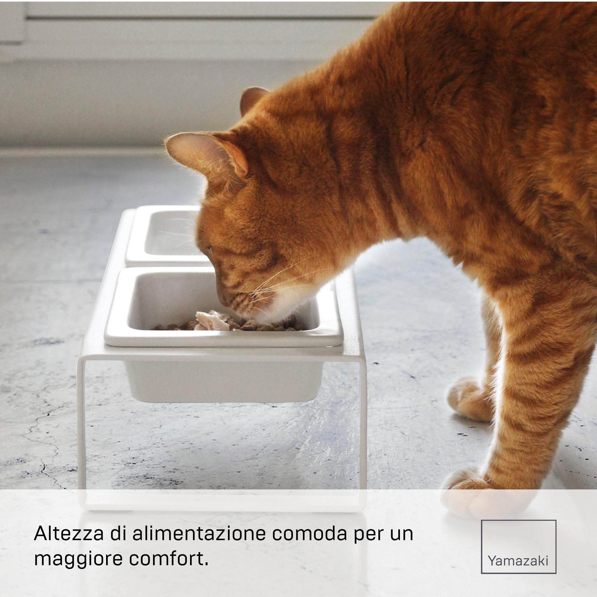 Yamazaki 4744 TOWER Set di supporti per ciotole per alimenti per animali domestici, bianco, Acciaio/Ceramica, minimalista, 29 x 15.5 x 10 cm