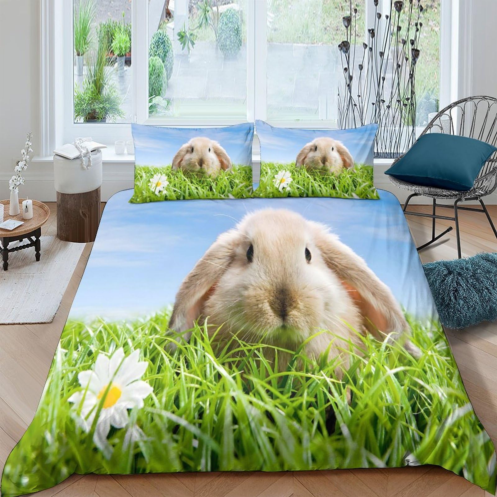 Ctjqhvkz Style-7 3D Printed Bunny Meadow Fitted Sheet Microfiber Soft Non-Slip Daisy Bed Cover For Bedroom Dorm Mattress Decor Single（135X200cm）