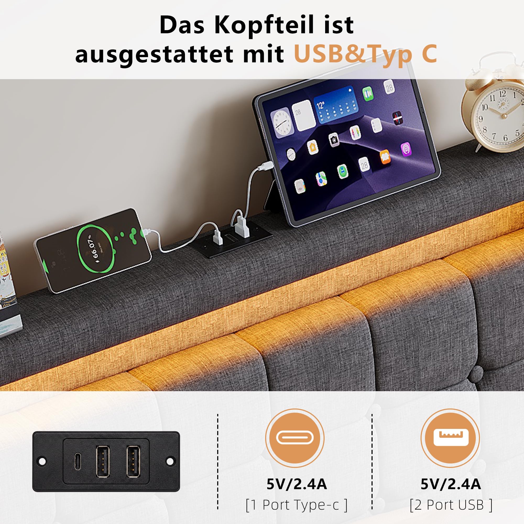 BRILVERDE Polsterbett 140x200 mit Stauraum, Doppelbett mit USB und LED, Jugendbett mit 4 Schubladen, Funktionsbett, Bettgestell mit Lattenrost, Linen (Grau, 140 x 200 cm)