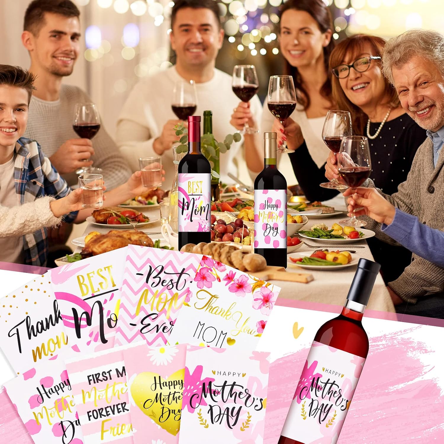 Spakon 32 Pieces Mother's Day Wine Labels Stickers for Mom 4x5 Inch Floral Wine Bottle Decoration Gift for Happy Mother's Day Party Favor Supplies Birthday Celebration Table Decor
