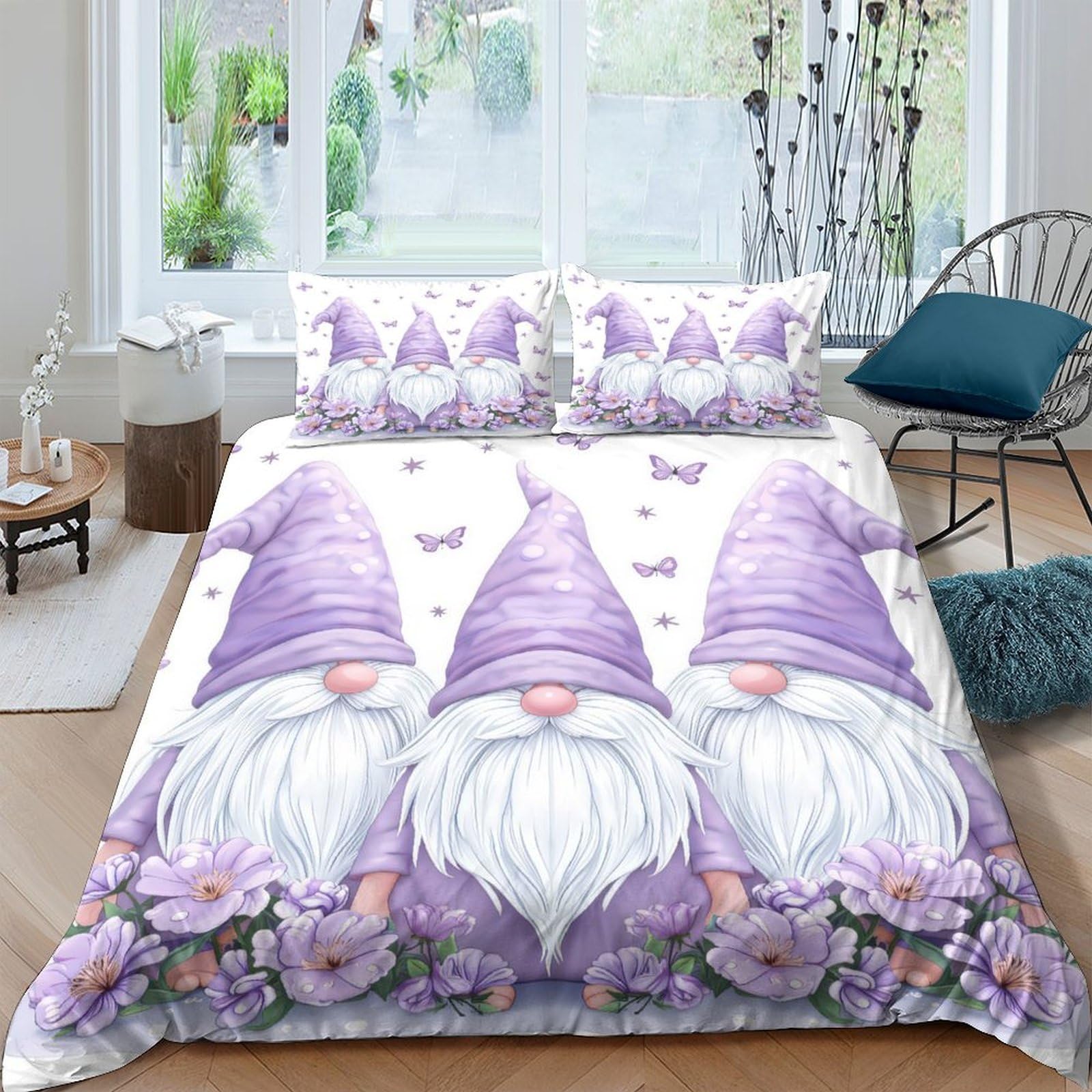 Ctjqhvkz Style-3 3D Printed Purple Gnome Fitted Sheet Microfiber Soft Floral Bed Cover Decor For Bedroom Guest Room Dorm Mattress Protection Single（135X200cm）