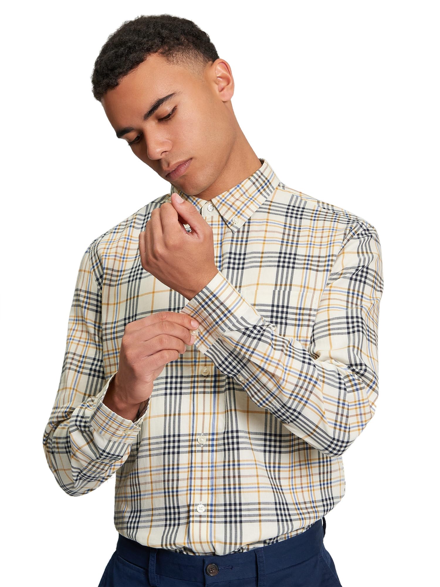 Ben Sherman Men's Multi Check Button-Down Collar Shirt, Long-Sleeved (Fog) L