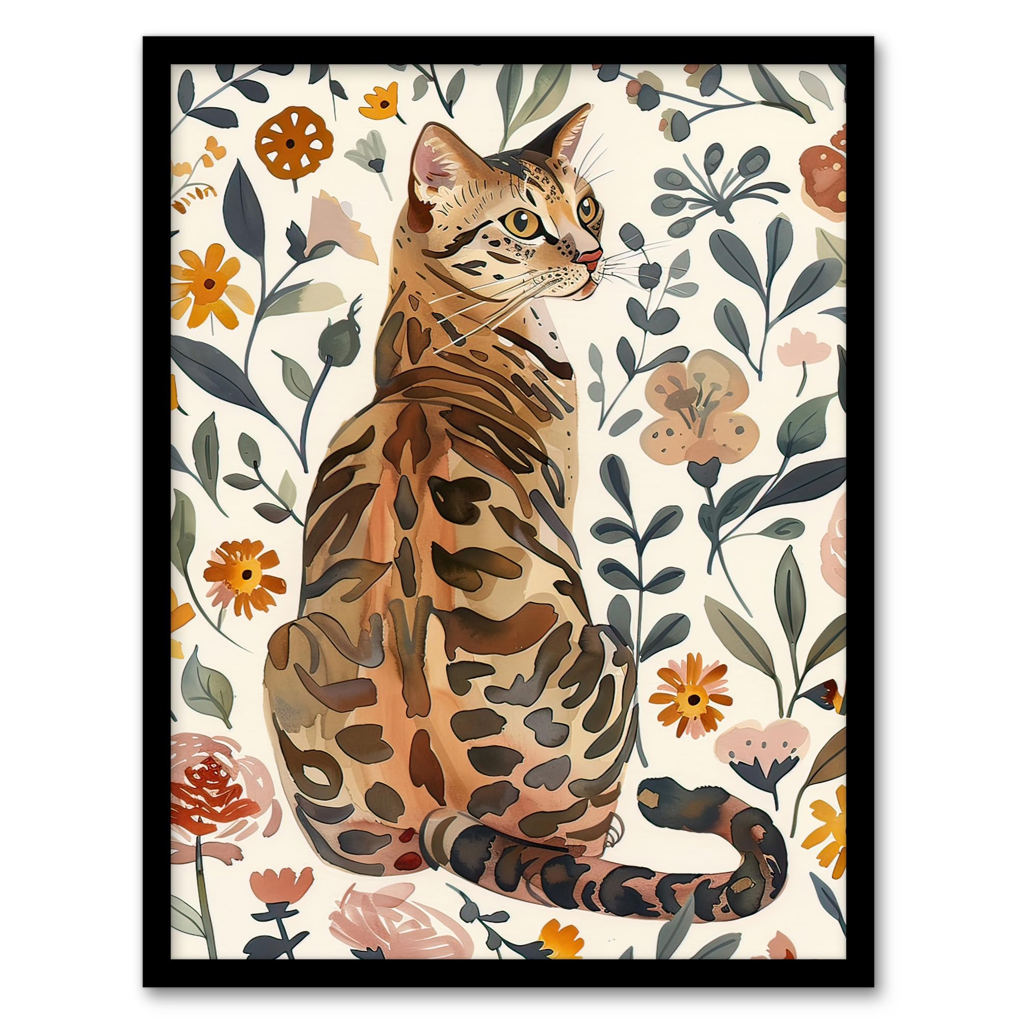 Artery8 Cat Lover Curious Bengal In Autumn Wildflowers Wall Art PrintA4 Size from B&Q