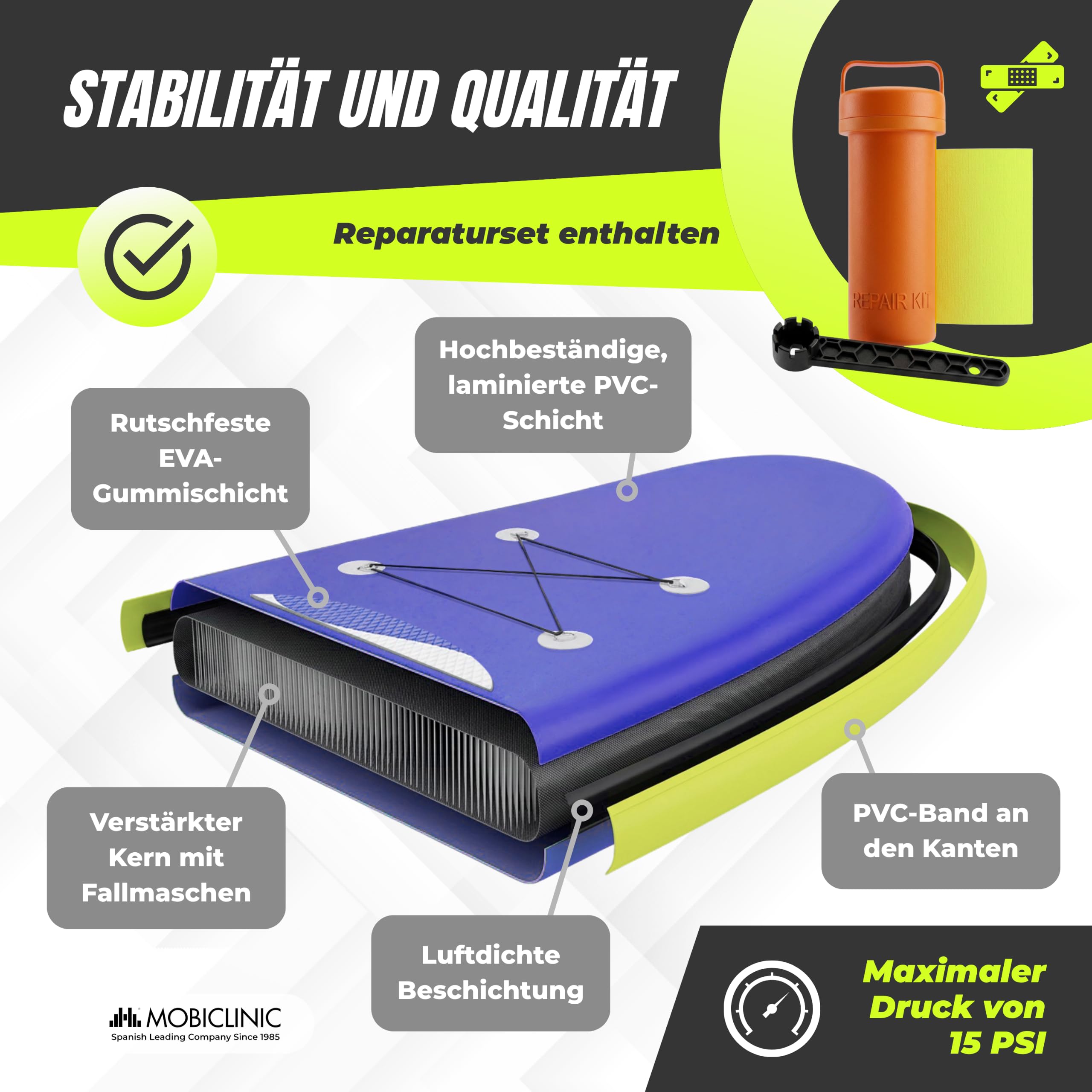 Mobiclinic®, Stand Up Paddling Board, Inklusive Pumpe, Flossen, Rucksack, Paddel, Handyhülle und Reparaturset, 315x78x15 cm, Faltbar, bis 150 kg, Für Kinder, Erwachsene und Haustiere