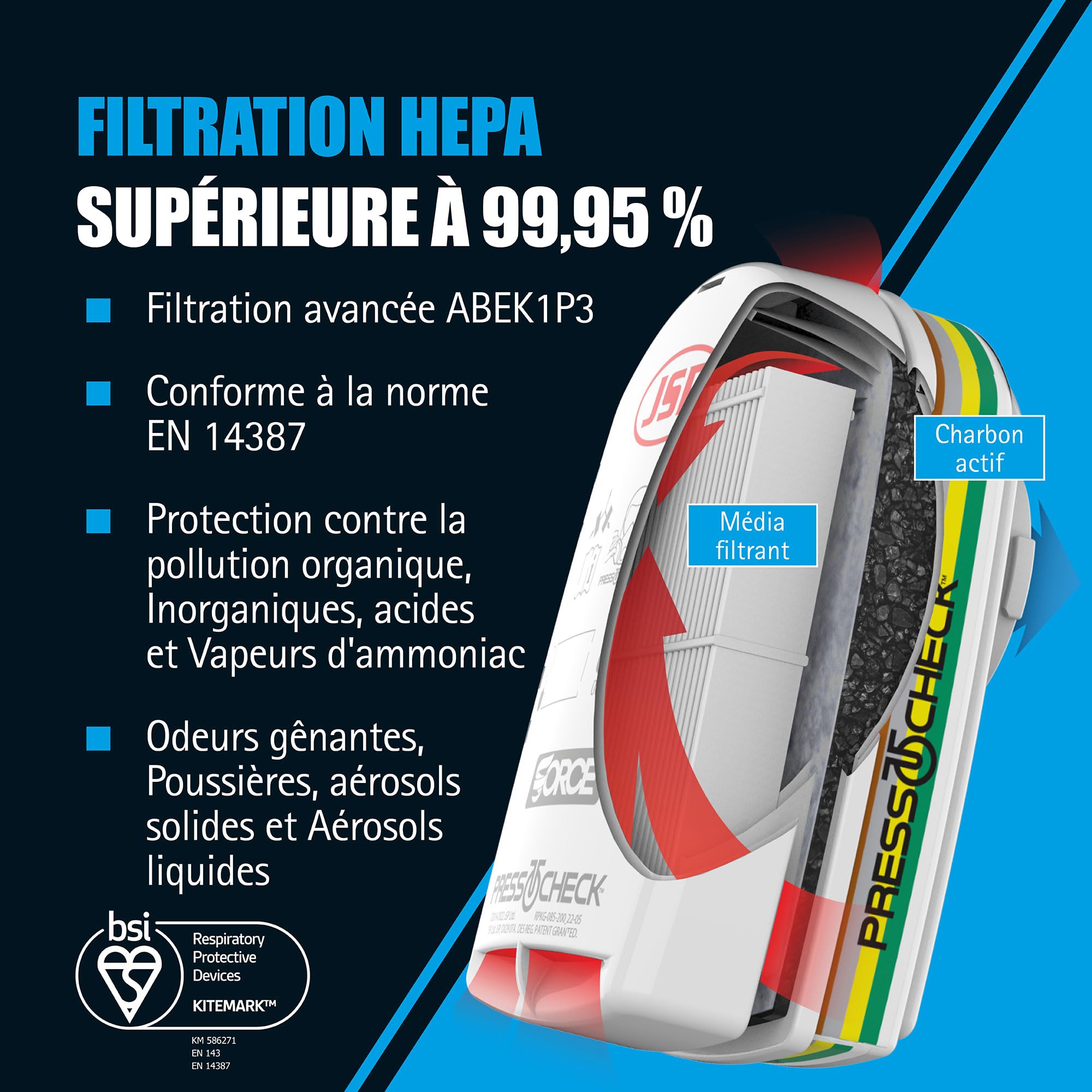 JSP Filtres ABEK1P3 PressToCheck (1 Paire) pour FORCE8 & FORCE10 | Protection gaz, vapeurs, ammoniac, gaz acides et poussières. Bricolage, industrie. EN 14387.