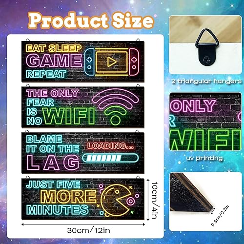 Miniatura 9 de 4 piezas de decoración de juegos de neón para habitación de niños, arte de pared de videojuegos de madera, citas motivacionales, placas colgantes