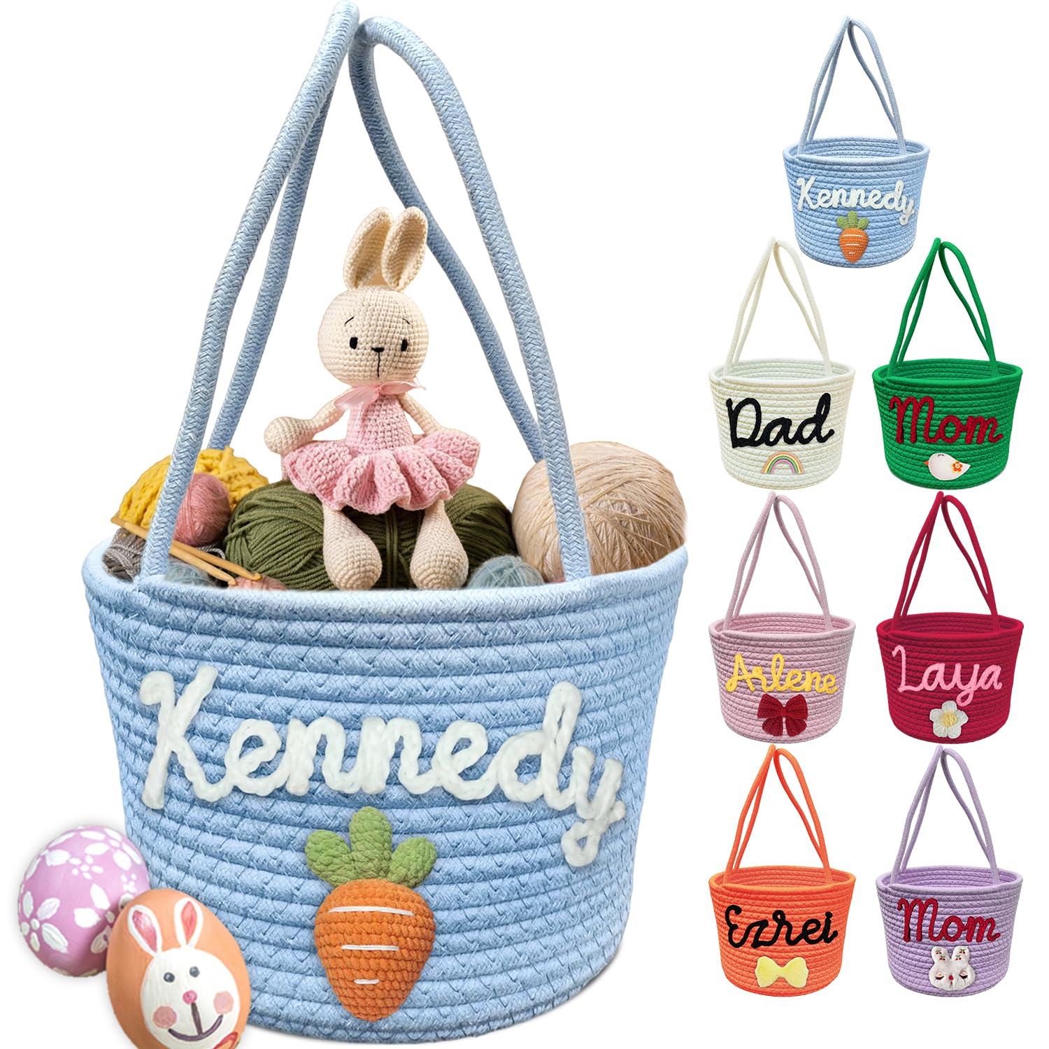 Personalized Easter Baskets Custom Easter Buny Basket with Name Handle Customized Easter Egg Hunt Bag Cute Rabbit Buckets Easter Gifts Blue