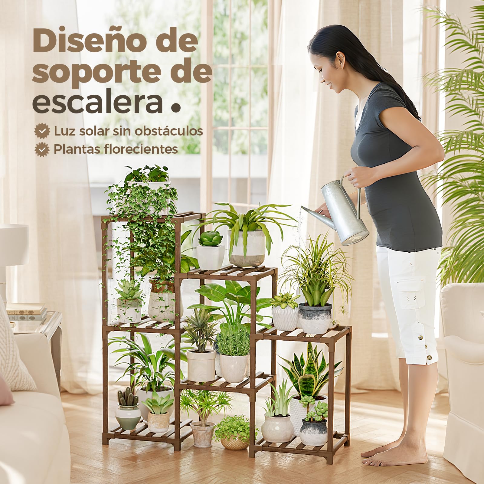 Bamworld Soportes para plantas de interior, estante escalonado de madera para plantas al aire libre para múltiples plantas,3 neumáticos,7 escalera, soporte para plantas,mesa para ventana,jardín,balcón — view 5
