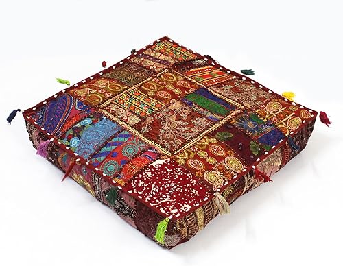 Mam Treasures - Funda de cojín decorativa de estilo indio bohemio vintage, funda de cojín cuadrada de retazos, cojín de meditación, cojín grande