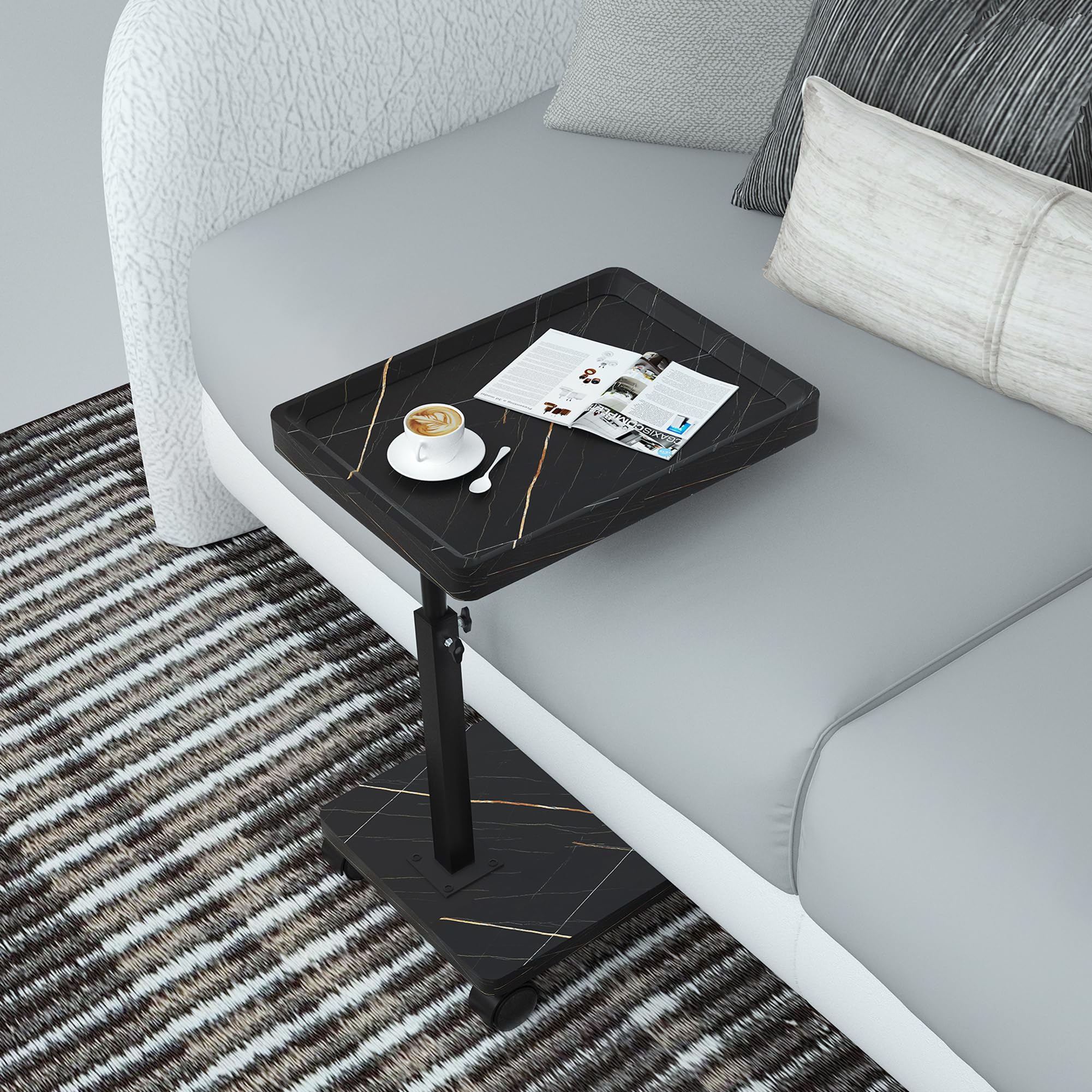 Table D'appoint - Table Dappoint avec Roulettes - Bout de Canape Hauteur Réglable (45-80 cm) et Rotative à 360° - Bout de Canape Bois Facile à Monter - Petite Table Basse pour Salon Balcon Chambre
