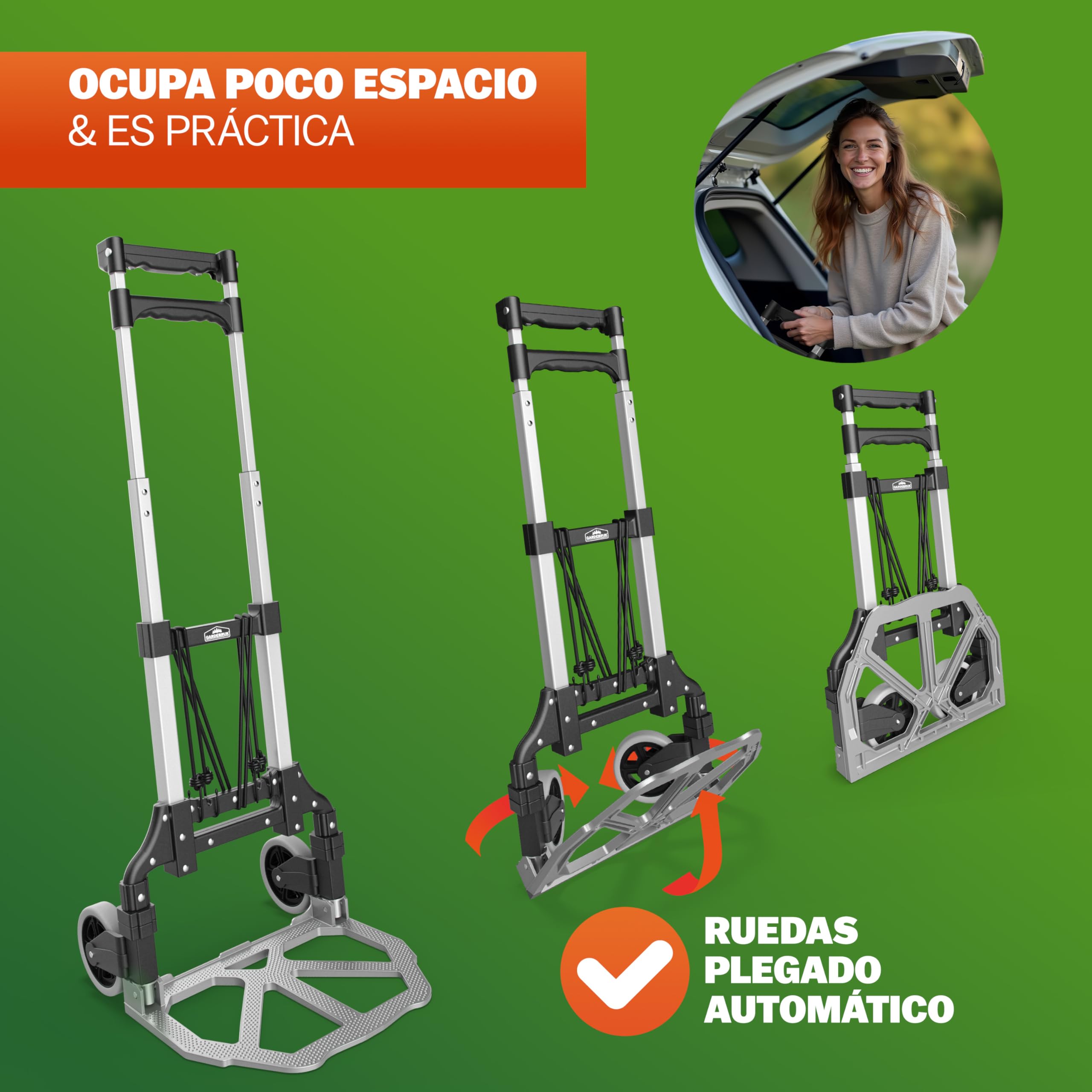 GARDEBRUK® Carretilla Plegable Aluminio 80Kg Carro Transporte Mudanzas Altura Regulable Ruedas Goma Maciza Resistente Incl. Guantes y Cuerdas Elásticas