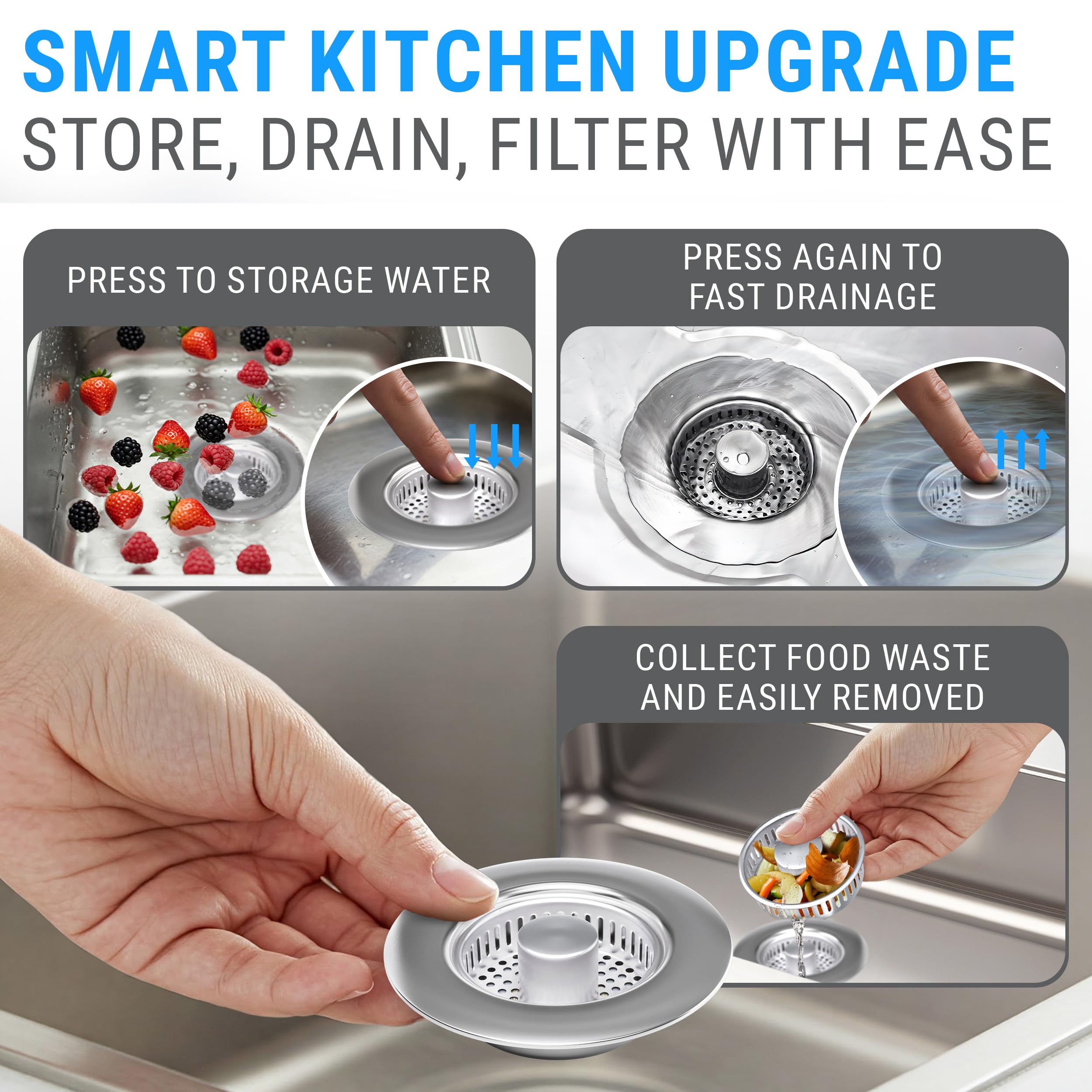 Paquete de 2 coladores de drenaje para fregadero de cocina y baño – Colador de fregadero de acero inoxidable 3 en 1, tapón de fregadero, escurridores de platos, filtro de enchufe pequeño, cubierta de