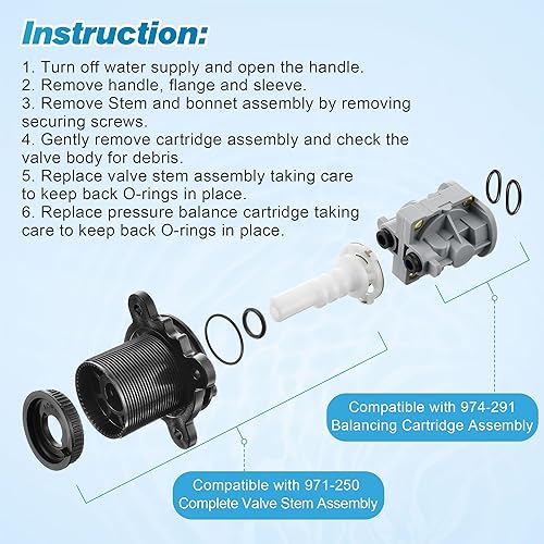 Miniatura 9 de Dreyoo Cartucho de equilibrio de presión de 4 piezas y conjunto de vástago de válvula, compatible con 971-2500 y 974-2910, compatible con válvula de