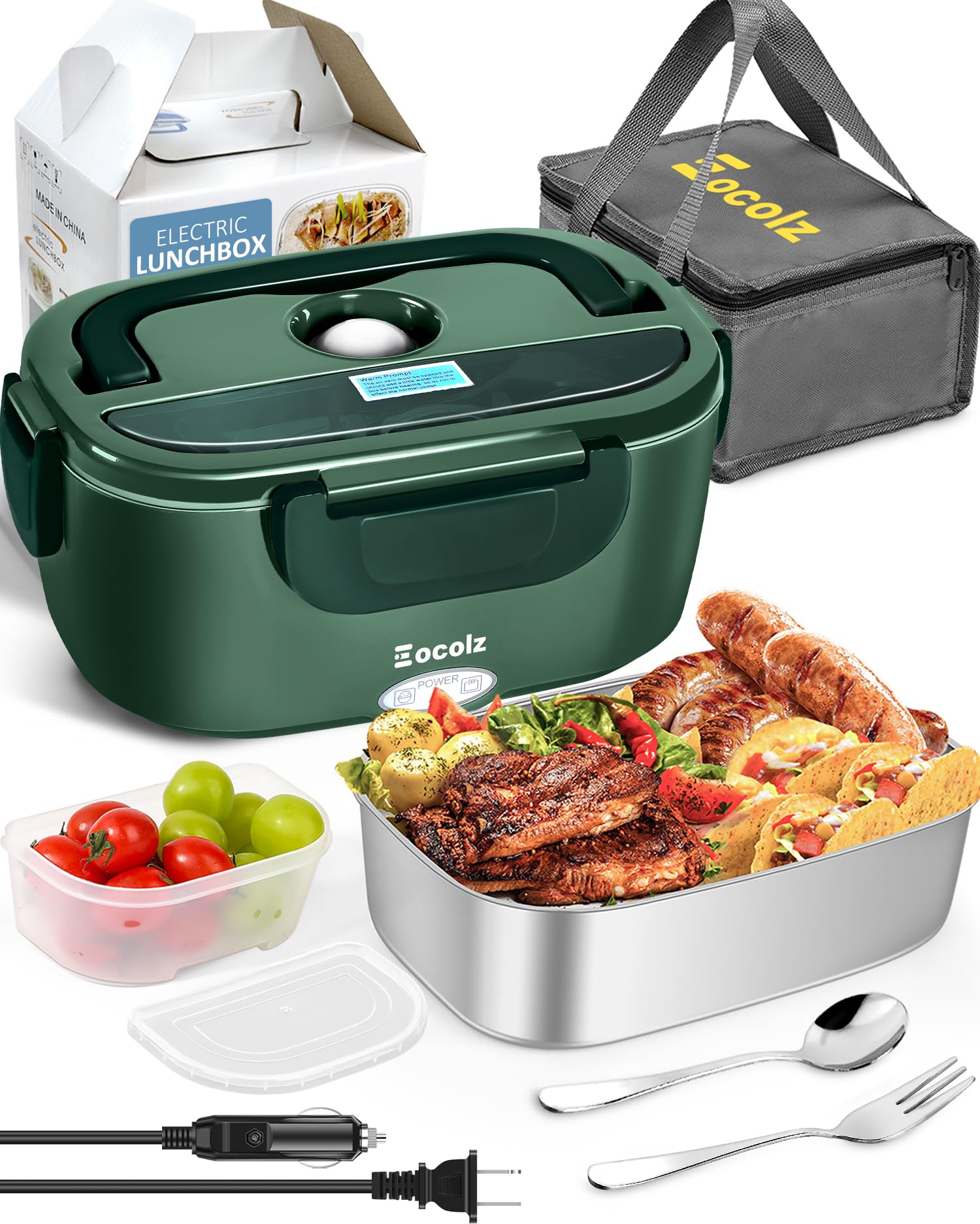 Eocolz Electric Lunch Box Food Heater 80W for Adults, Portable Food Warmer Heated Lunch Box for Car Truck Work with 1.5L Stainless Steel Container Fork & Spoon 12/24/110V Lonchera Eléctrica Portátil
