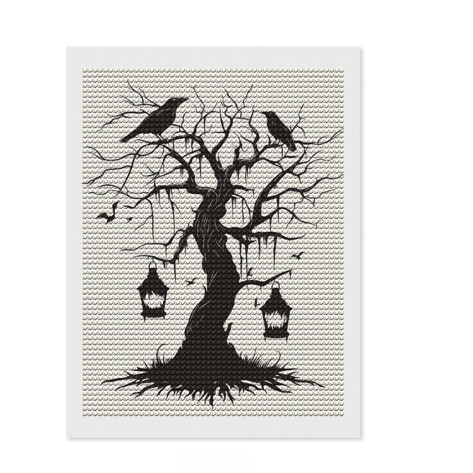 Junmoney Spooky Tree Silhouette Diamond Art Canvas 12"x16", Neat Printed Canvas, Mindful Craft Activity, Cosy Home Accent, Festive Craft Gift