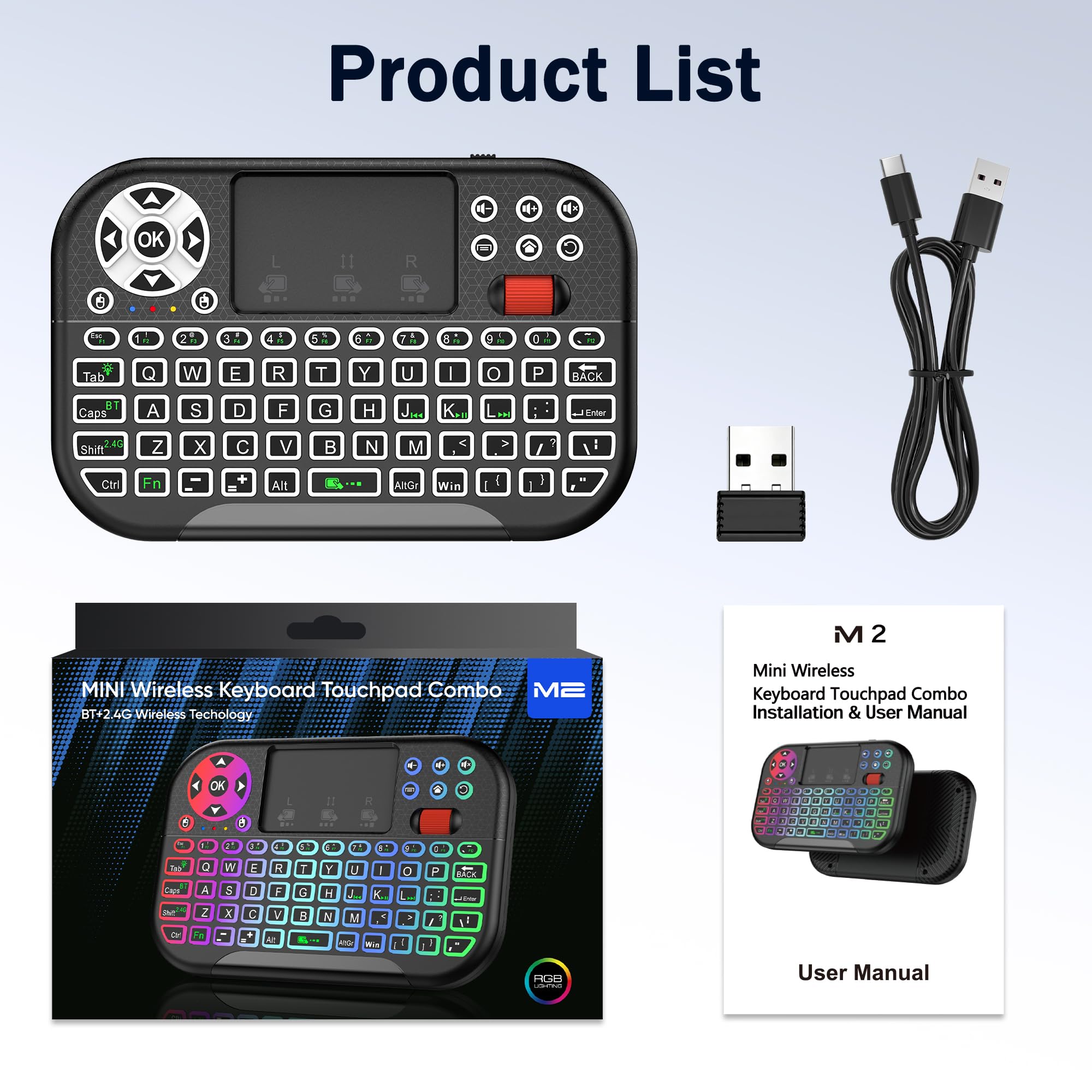 M2 Mini Clavier sans fil Bluetooth 2,4G rétroéclairé pavé tactile TV