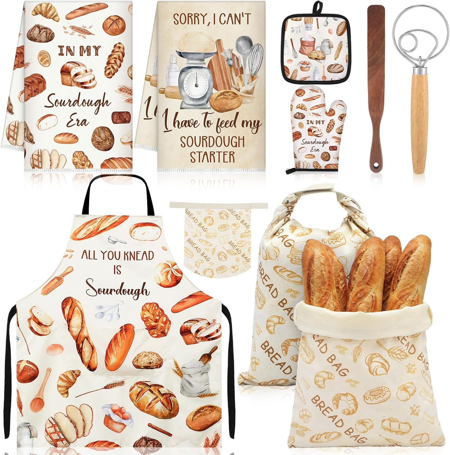Hahafelt 8 Pcs Sourdough Baking Gifts Set Inchude Sourdough Beeswax Bread Bag Towels Apron Oven Mitts Mat Spatula Dough Whisk Bread Making Tools Kit for Bakers Women Mom Gifts