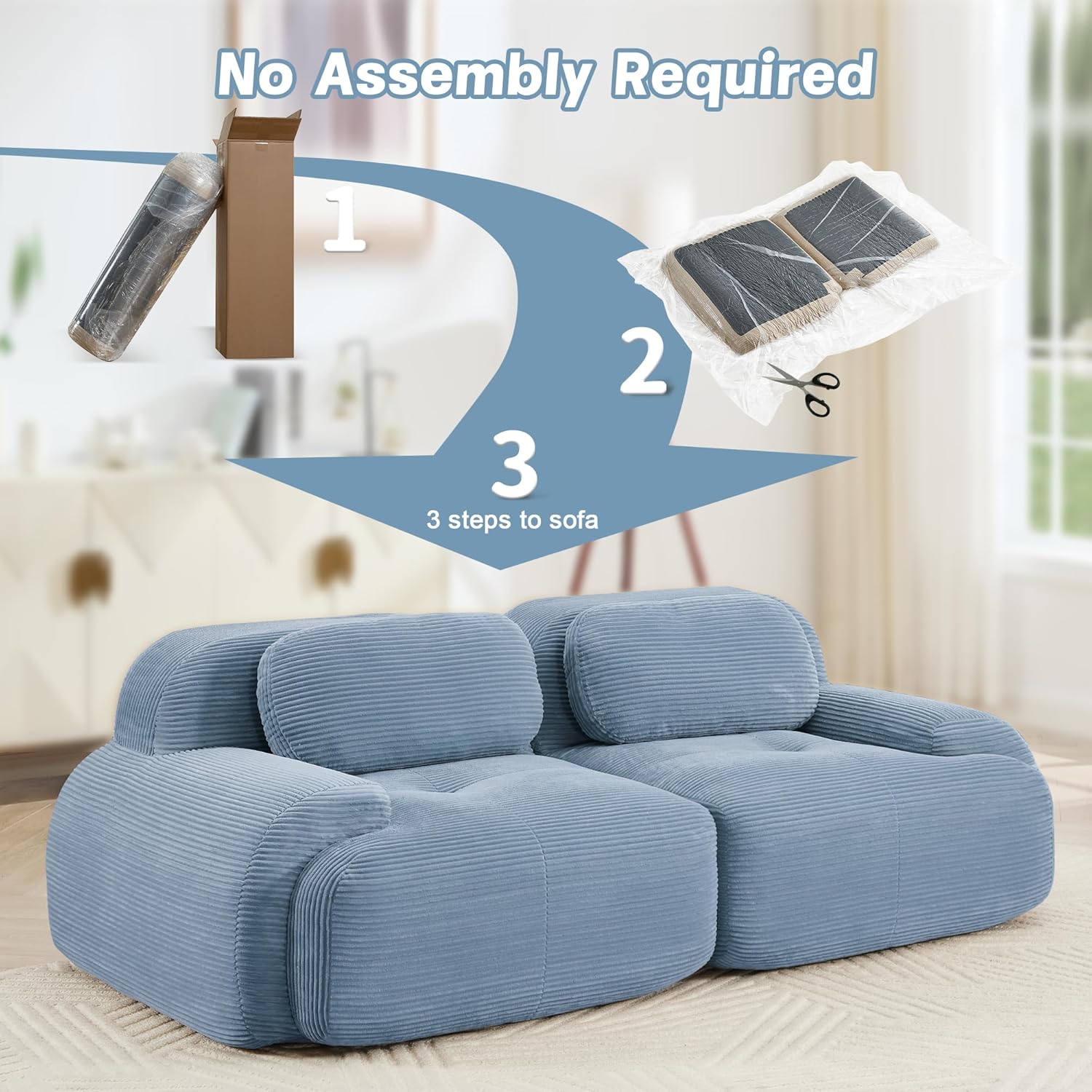 SoarFlash 81" Loveseat Sofa, Comfy Deep Seat, No Assembly, Sofa in a Box, Modern Small Couch with Plush Corduroy Fabric for Living Room, Bedroom, Apartment, Home Office, Blue