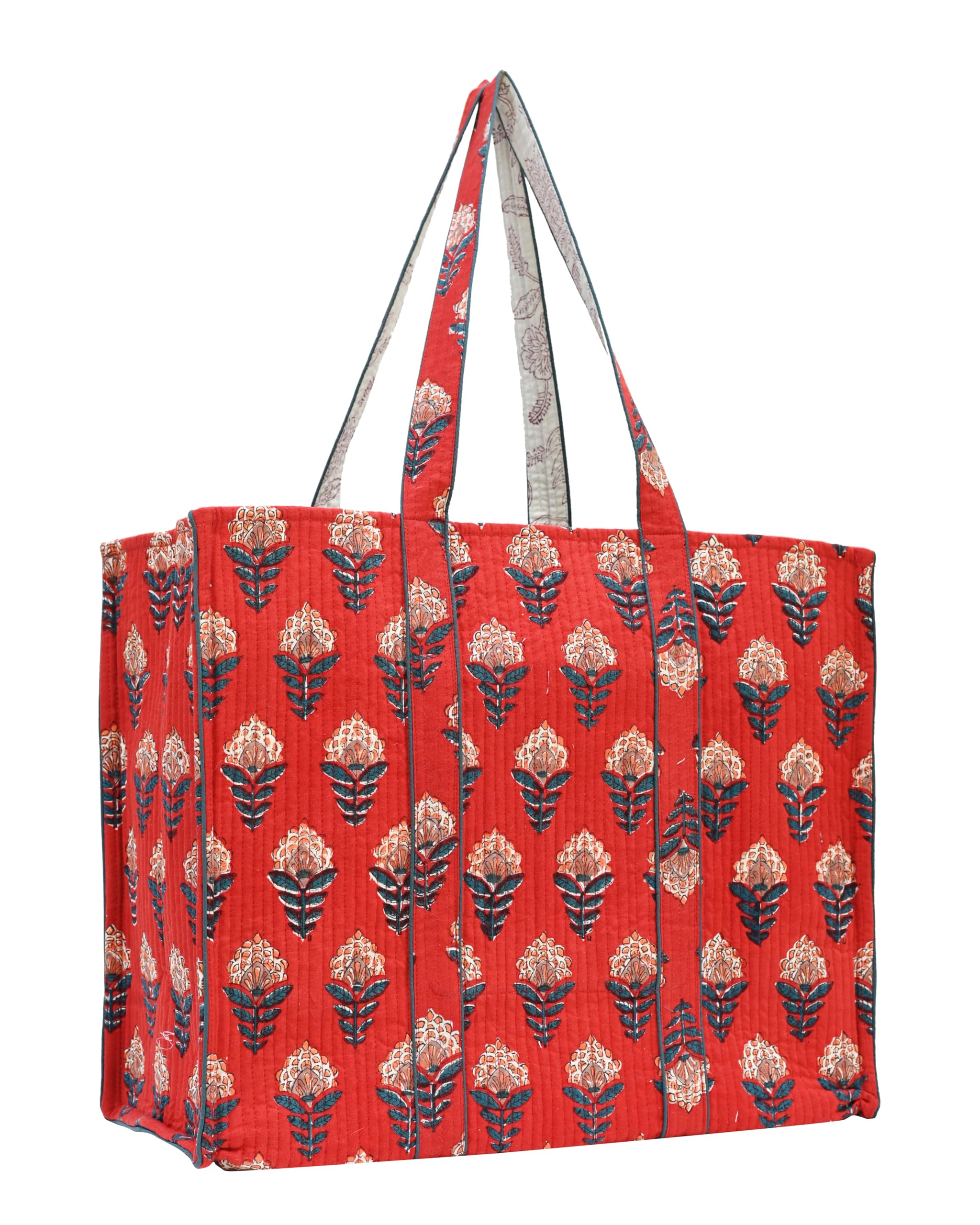 Cotton Hand Block Floral Print Tote For Women Handbag For Work Laptop Bag Foldable Travel Beach Shoulder Lightweight Free Size Washable Durable All Purpose Large Tote Daily Casual (Red)