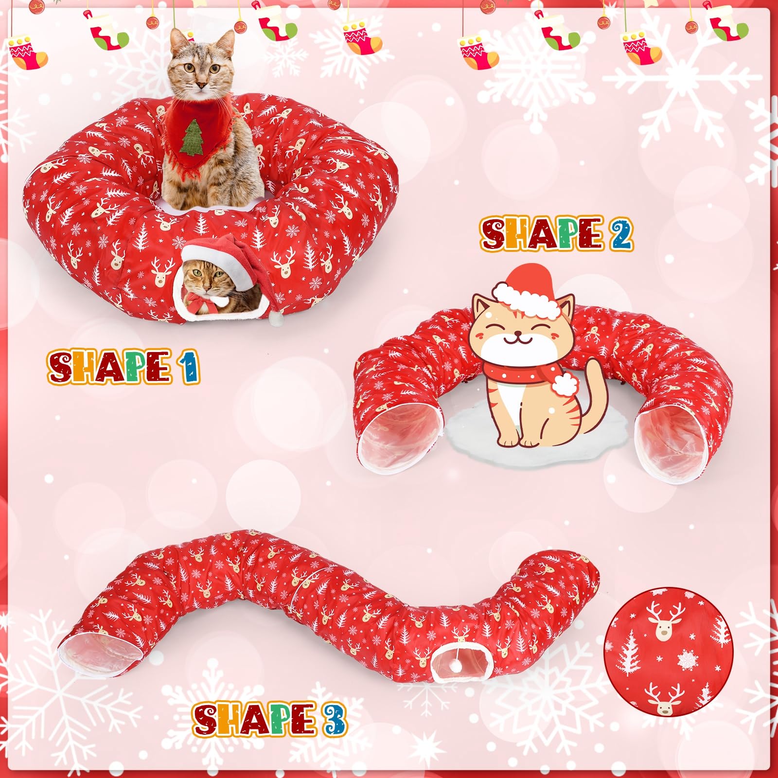 Túnel de Navidad para gatos, juguetes de cama para gatos de interior, túnel de tubo en forma de S con bola debajo del árbol de Navidad, cueva de gato, gatito, juguete, Papá Noel, alce,