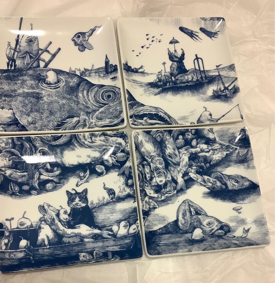 ヒグチユウコ展　babel　大きな魚は小さな魚を食う　角皿　6枚セット　青 ヒグチユウコ展 babel 大きな魚は小さな魚を食う 角皿 6枚セット