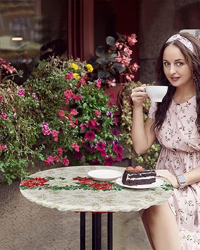 Miniatura 4 de Mantel redondo ajustable de flor de pascua de invierno, color rojo, diseño de bayas de pino, mantel elástico impermeable para interiores y