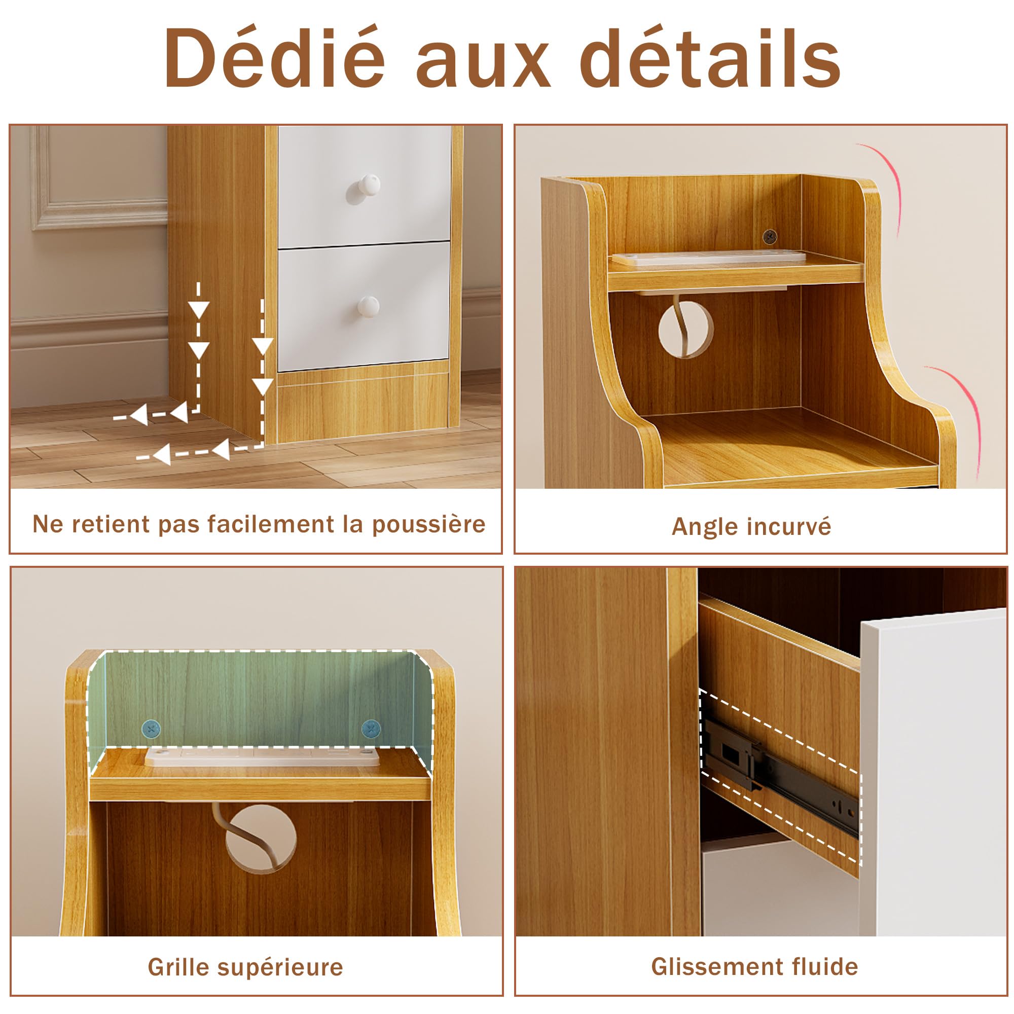 Table de Chevet Etroite avec Éclairage LED RGB et Prise 2 AC 2 USB, Table de Nuit Étroite Bois avec 3 Tiroirs, Lumière Bluetooth Table d’Appoint pour Salon Chambre Bureau, Marron 30x25x70cm