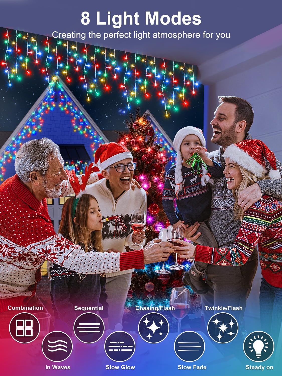 ARKOCHIC 30M Luci Natale Esterno Cascata, 1200 LED Tenda Luminosa Colorato, Luci Natalizie da Esterno con Telecomando, 8 Modalità, Luci Decorazione Natale per Feste, Finestra, Balcone