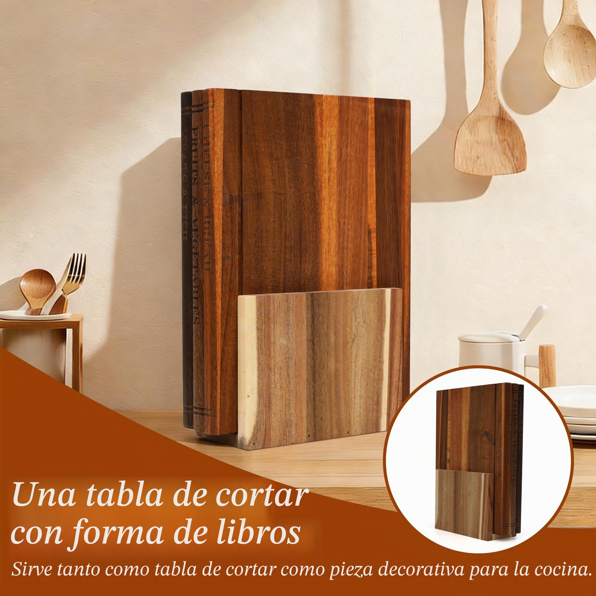 Nisorpa Juego de 3 tablas de cortar que parecen libros, tablas de cortar de madera con soporte para verduras, queso, pan y carne, tabla de cortar decorativa, juego de regalo