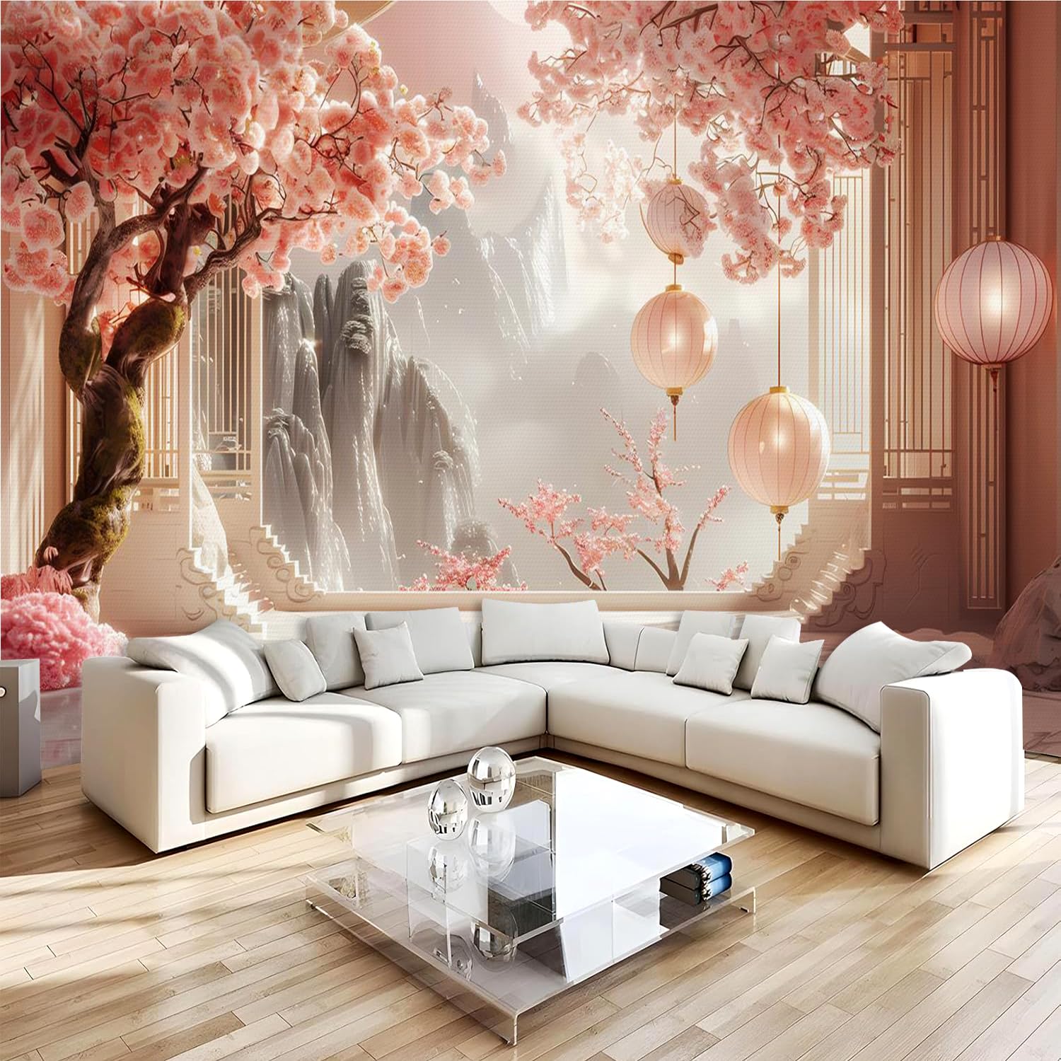 Papier peint panoramique fleurs de cerisier rose 400x280 cm pour salon et chambre