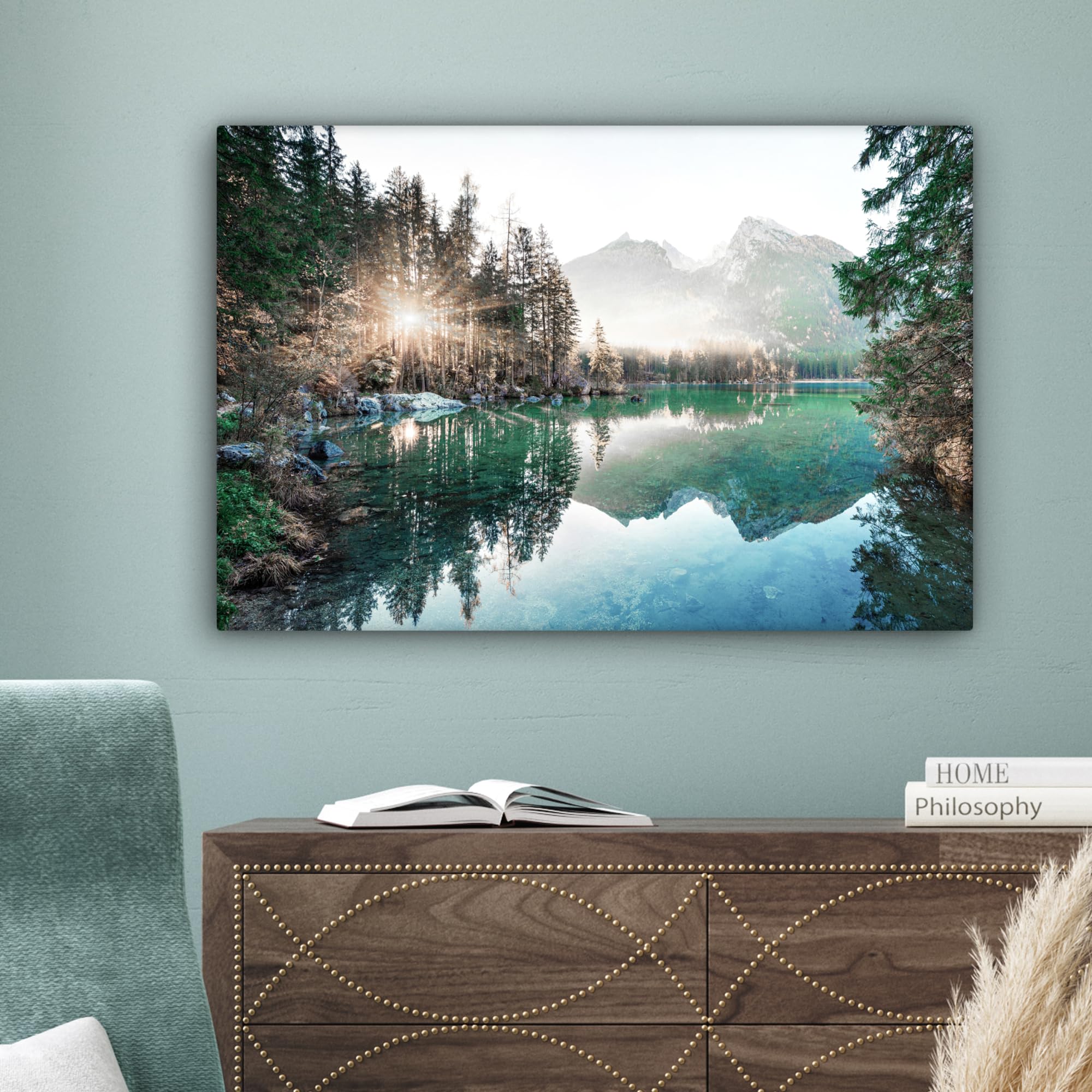 MuchoWow Bilder 90x60 cm Leinwand Kunstdruck Wandbild Natur Bäume Berge See Wohnzimmer Deko