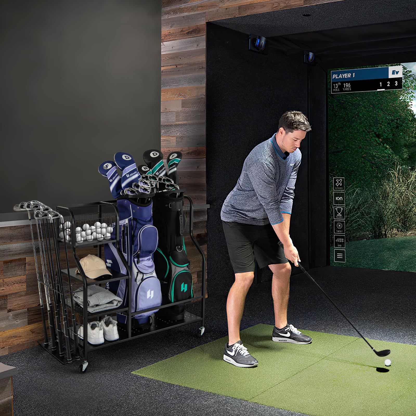 COSTWAY Organizer per Sacca da Golf, Supporto per 2 Borse da Golf con Extra Scaffale di Stoccaggio per Mazze da Golf, 6 Ganci Rimovibili e 4 Ruote per Garage e Club