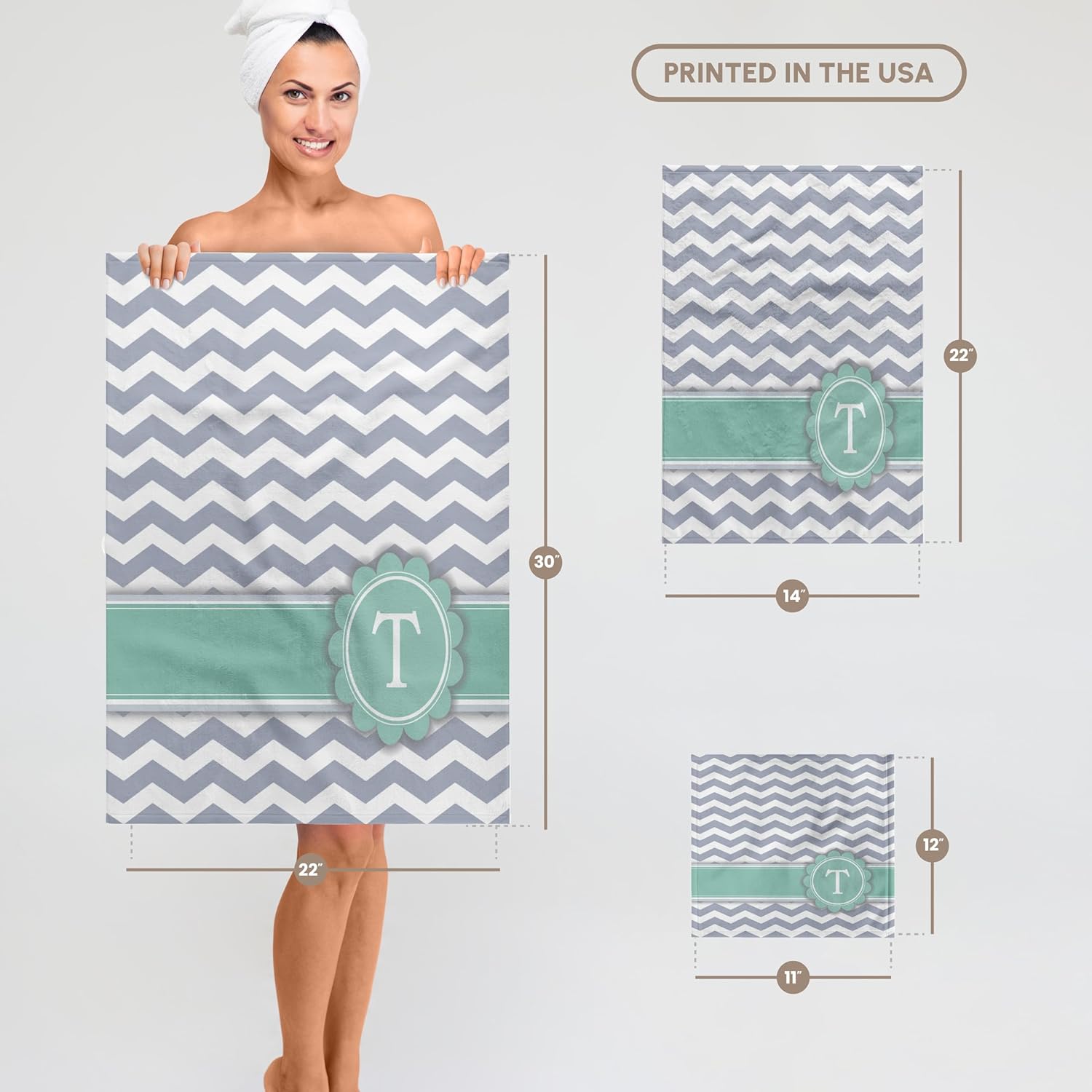 3dRose Letter T Monogrammed on Grey and White Chevron with Mint - Gray Zigzags - Personal Initial Zig Zags 22x30 Bath Hand Pool Towel