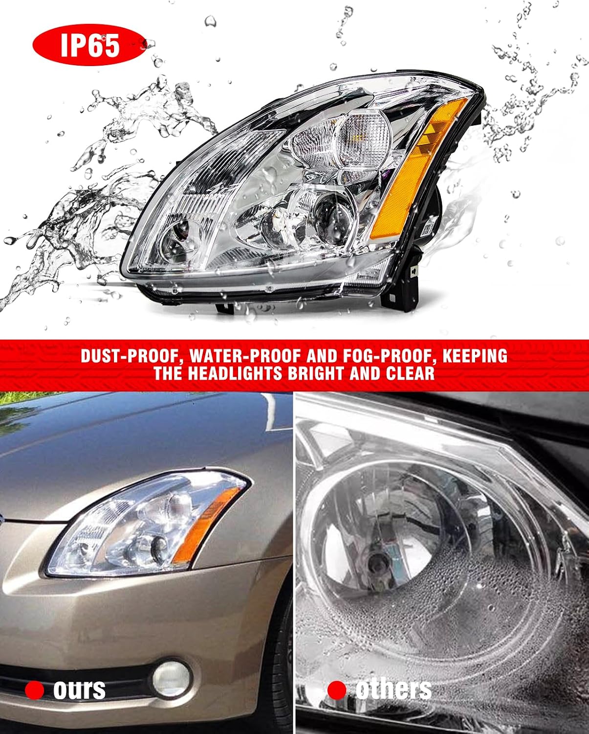 for 2004 2005 2006 Nissan Maxima Headlight Assembly for 04 05 06 Nissan Maxima Clear Lens Chrome Housing with Amber Reflector Headlamp Replacement Left and Right Pair（W/O Bulbs）