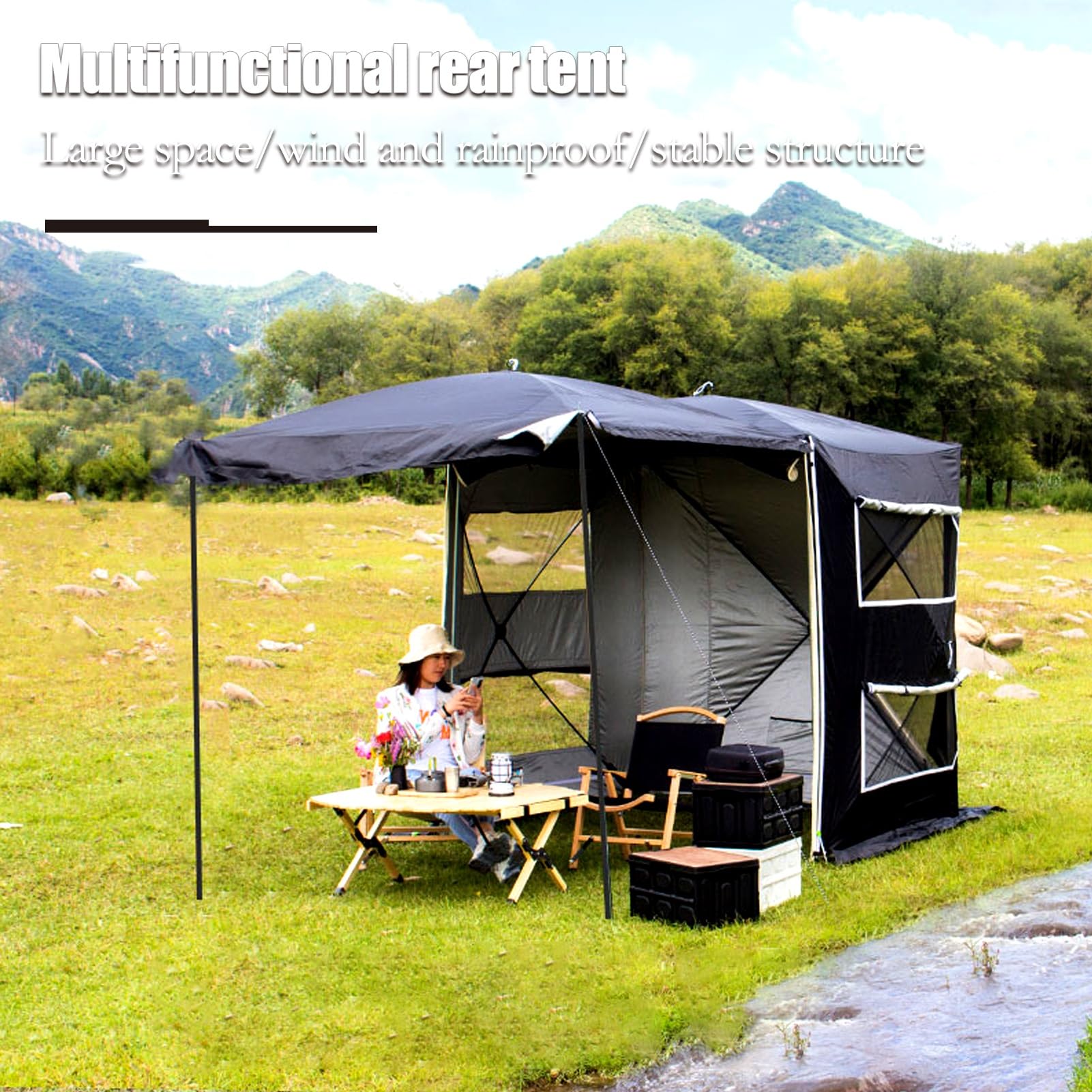 Busvorzelt - Freistehend Outdoor Zelt Luftzelt - Autozelt Vorzelt Camping Zelt, Freistehendes Autozelt mit Schlafkabine, Heckzelt Up für 4 Personen(Noir,Medium)