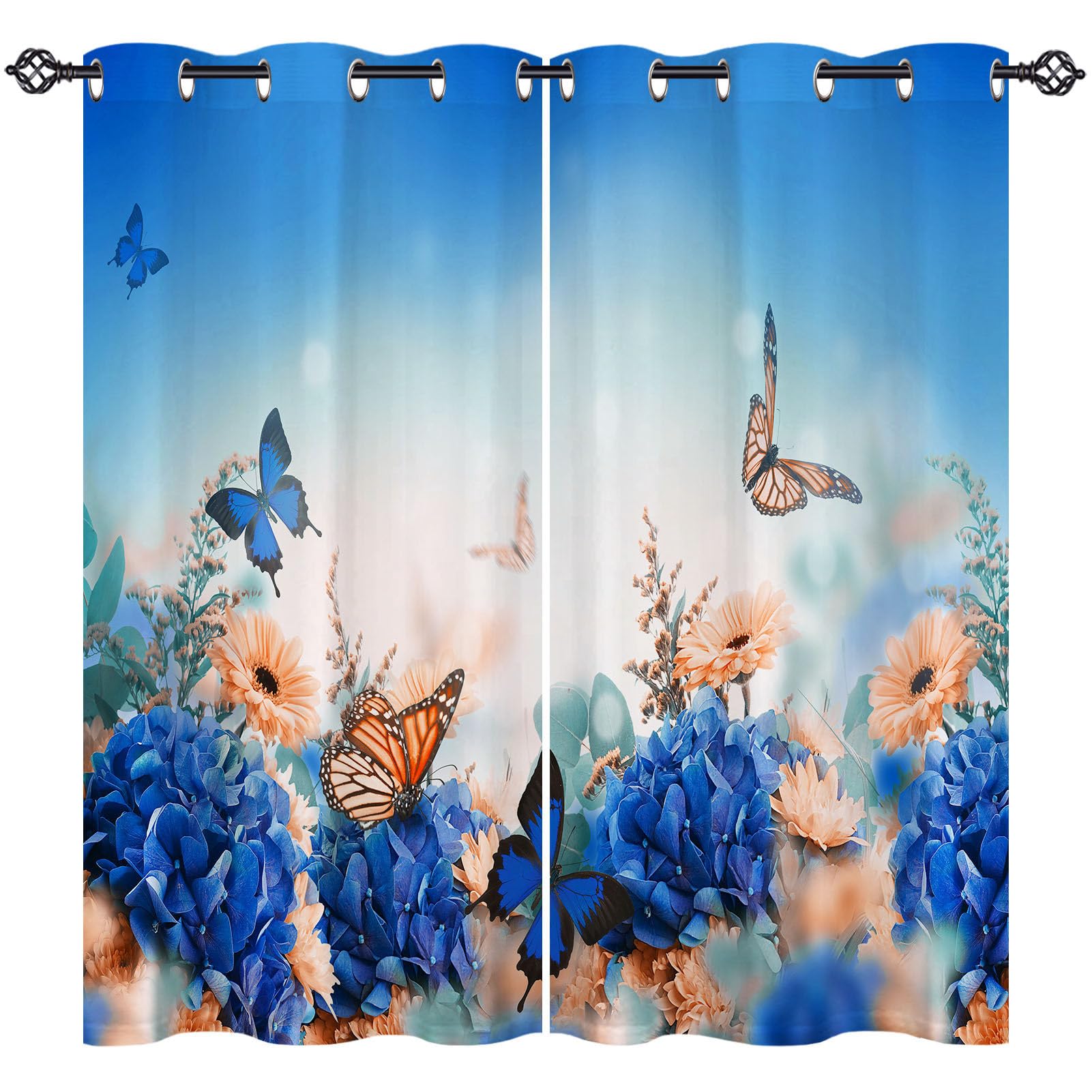 ANHOPE Butterfly Floral Curtains Eyelet Blackout Thermal Insulated Curtains Yellow Blue Flower Print Pattern Soft Soundproof Privacy Window Drapes for Girls Bedroom Living Room 42 x 63 Inch 2 Panels