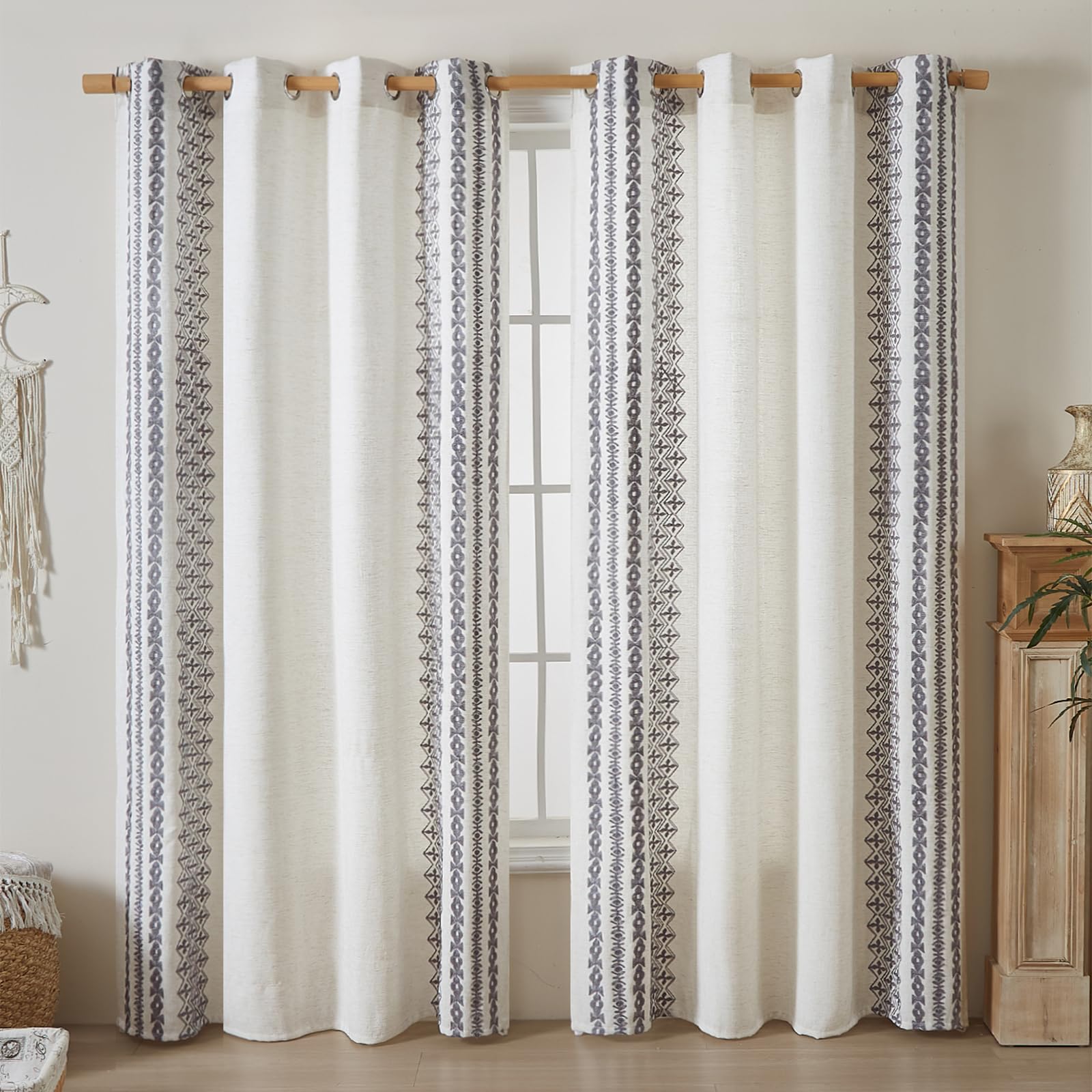 LOHUT Boho Curtains for Living Room Faux Lined Curtains 96 Inches Long 2 Panels Set Vintage Farmhouse Embroidered Bordered Grommet Top Window