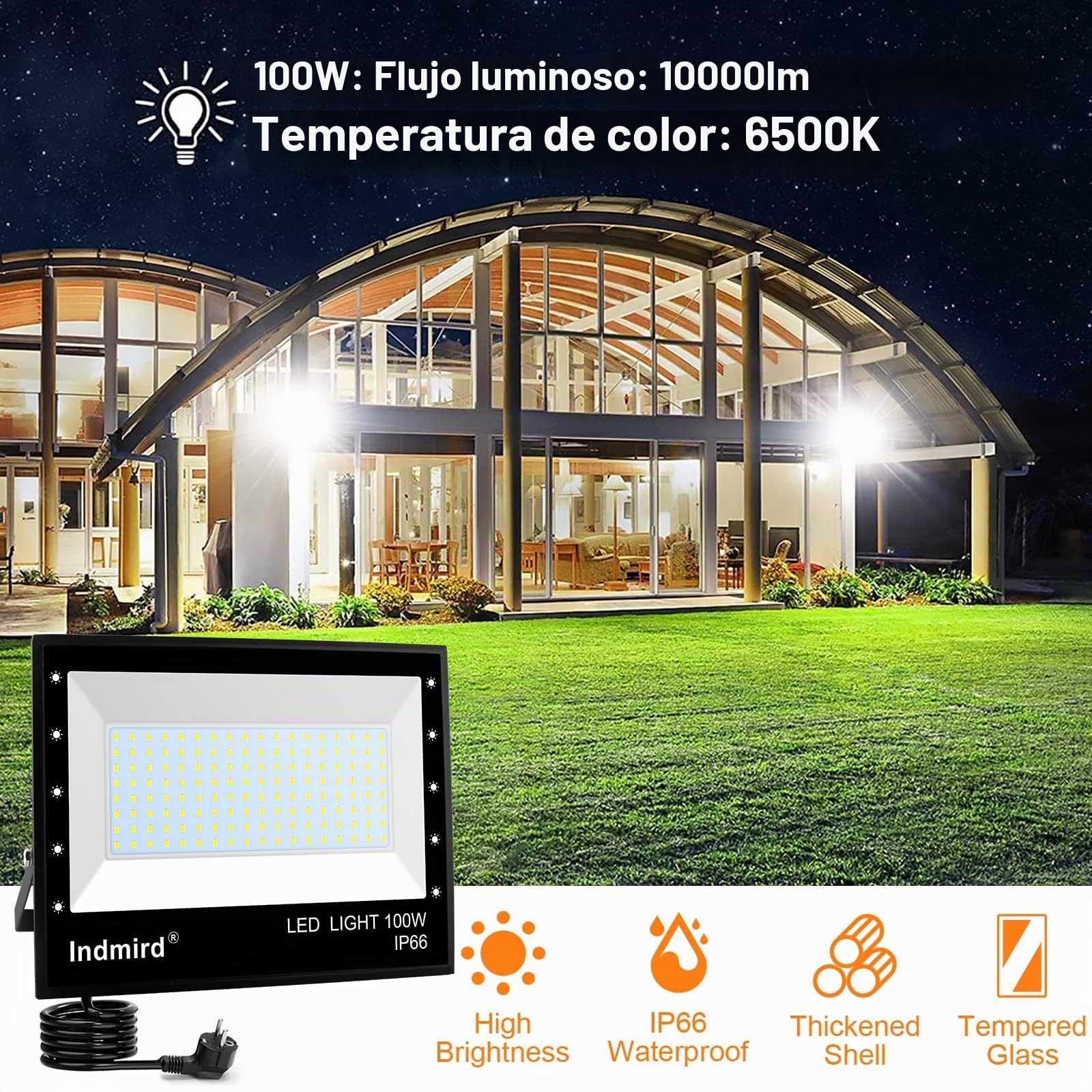 Focos LED Exterior 100W, 2Pcs 10000LM Potente Luces, Proyector 6500K Blanco Frío, Impermeable IP66 Aplique Pared Para Jardín Patio Pasillo Garaje