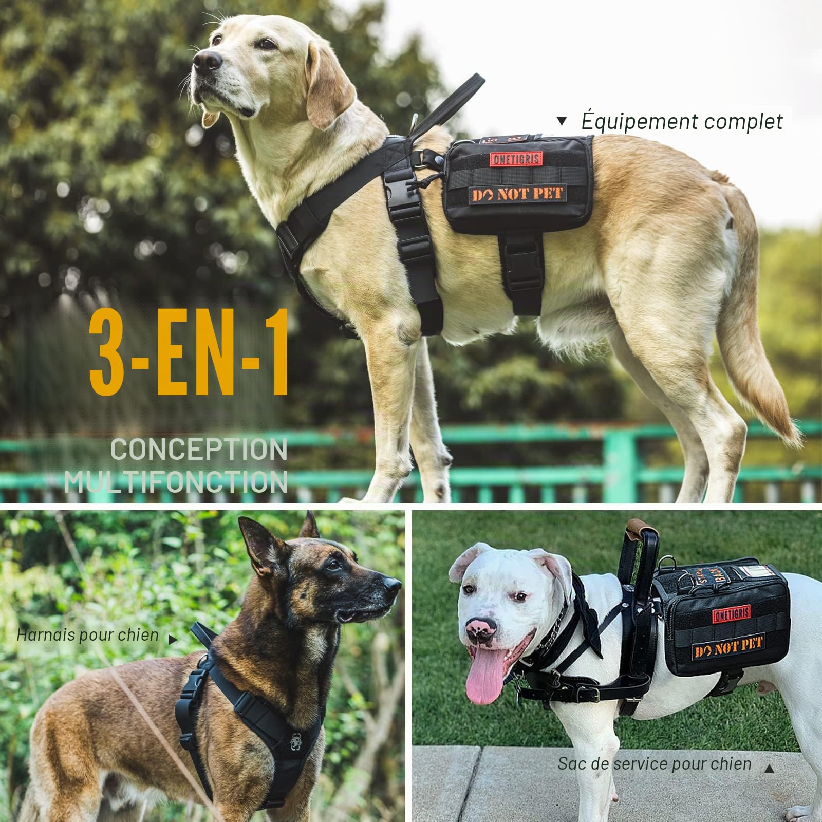 OneTigris Guardian Harnais pour Chien avec 3 Anneaux en D en Acier Inoxydable et Poche de Grande capacité, Sangle de Poitrine avec Rembourrage Confortable et Poche d'identité Transparente - Noir