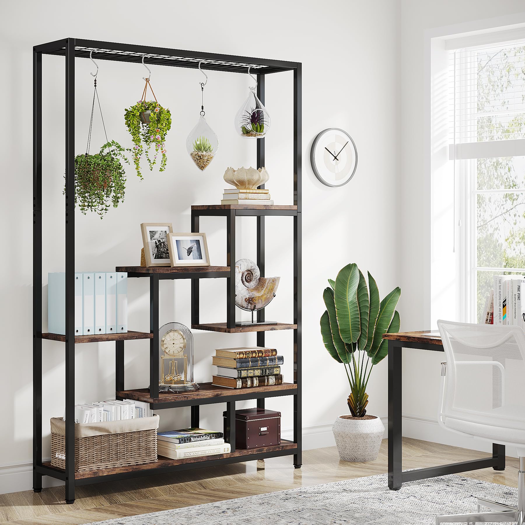 Tribesigns Pflanzenständer Blumenständer indoor 5 Etagen Pflanzenregal mit 10 S-Haken, 180 cm Blumenregal Metall für Balkon Deko Garten Blumentreppe Wohzimmer (Braun)