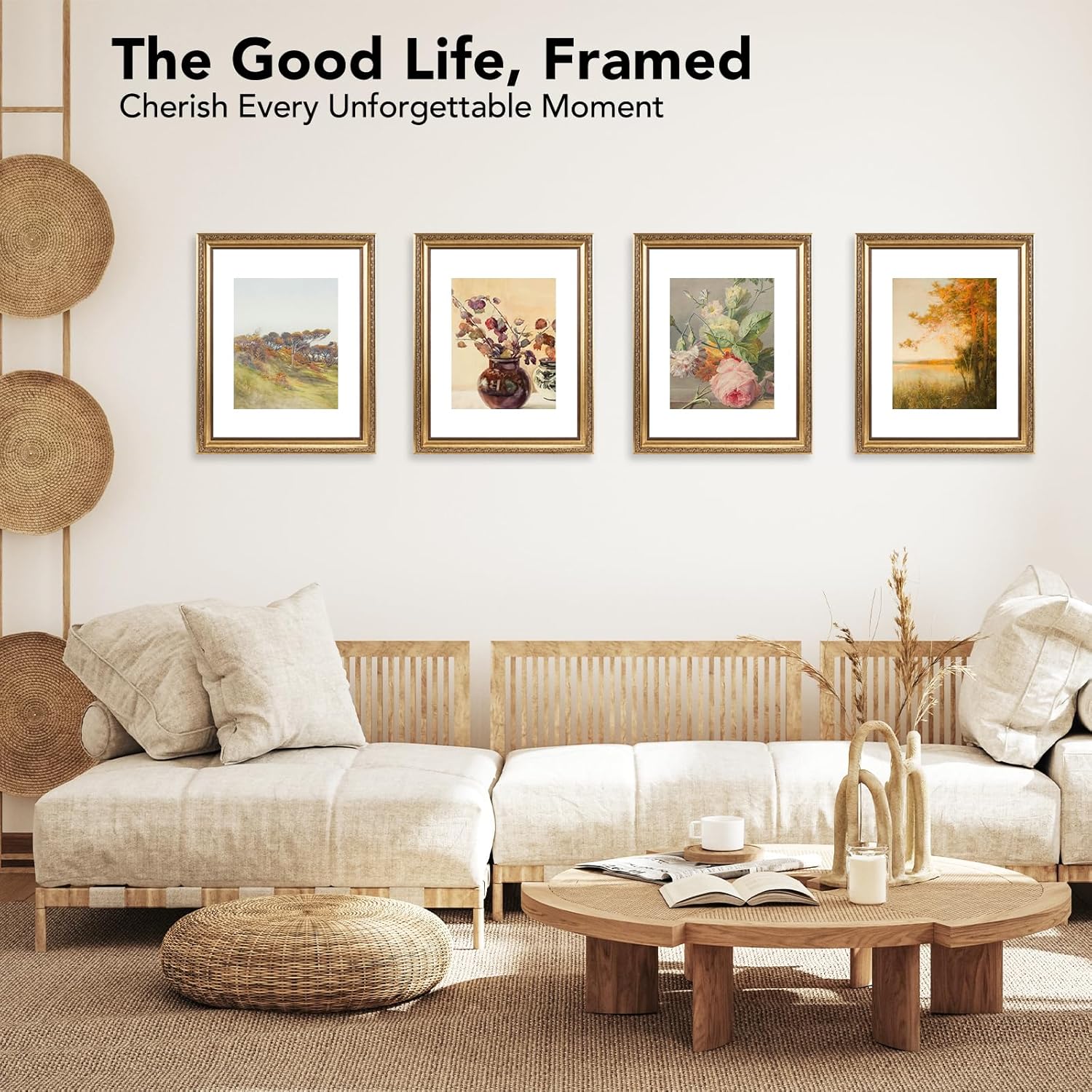 11x14 Vintage Picture Frame with 8x10 Mat Set of 4, Elegant Retro 11 by 14 Photo Frame with Shatter-Resistant Plexiglass for Wall Hanging, Gallery Decor & Gift, Gold, 4 Pack