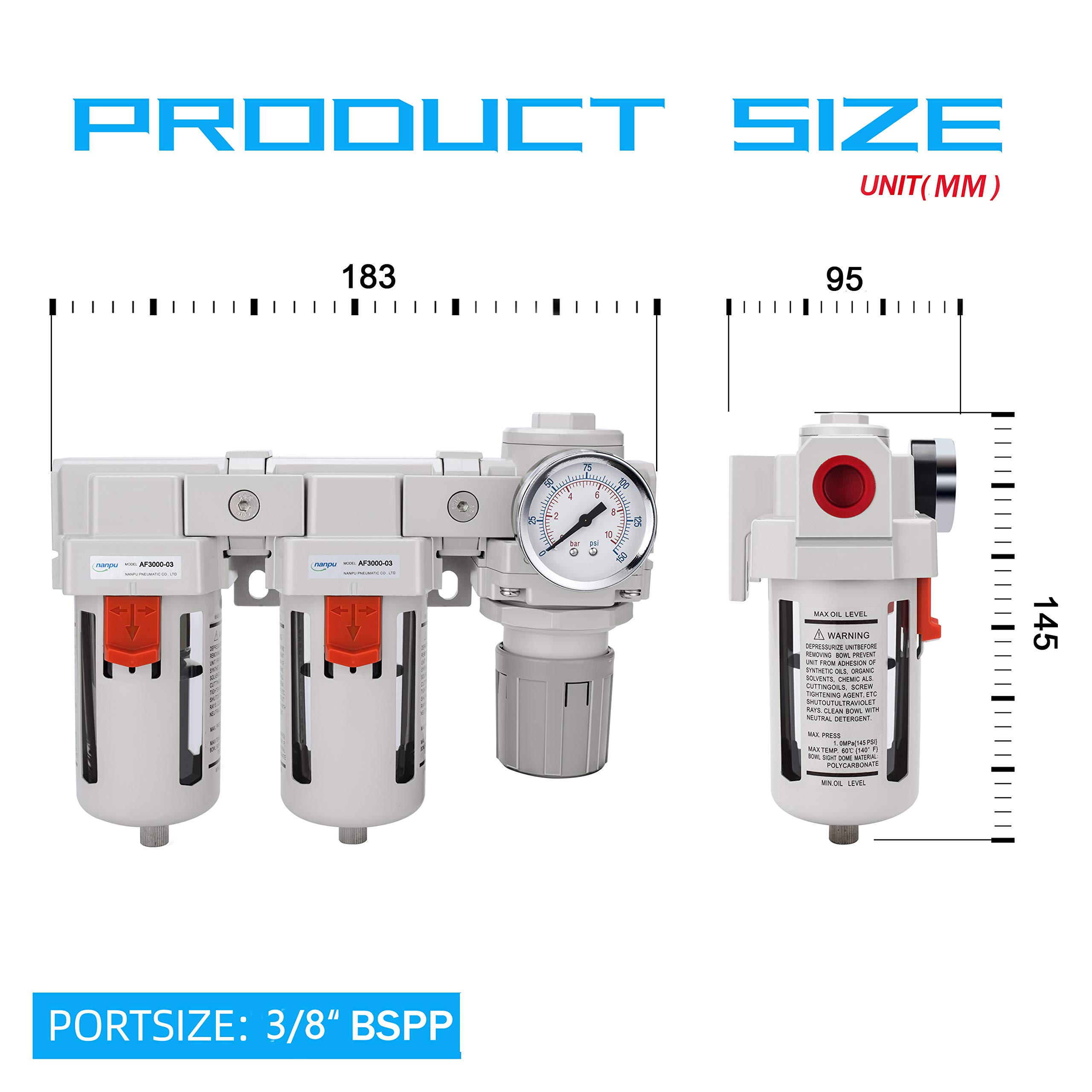 NANPU 3/8" BSPP Aria Compressa Doppio Filtro＆Regolatore, Separatore Trappola Acqua - Manometro (0-10 bar), Tazza in Polietilene, Scarico Semiautomatico, Staffa Metallica
