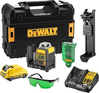 Dewalt 10,8 Volt 2x360° Linienlaser, Grün DCE0811D1G (Selbstnivellierend, horizontal & vertikal, inkl. 10,8 V/ 2 Ah XR-Akku, Ladegerät, Wandhalterung, Zieltafel, Lasersichtbrille, Koffer) 1 Stück