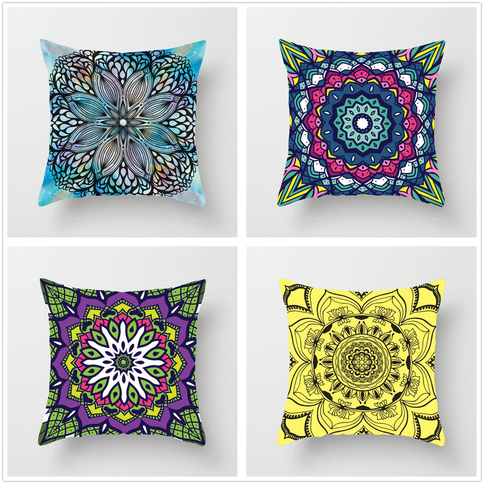 Bohemian mandala poszewki na poduszki 70 x 70 cm, lniana kwadratowa poszewka na poduszkę, dwustronny nadruk z ukrytym zamkiem błyskawicznym, zestaw 4 sztuk, na zewnątrz, patio, ogród, salon, sofa, dom wiejski, wystrój